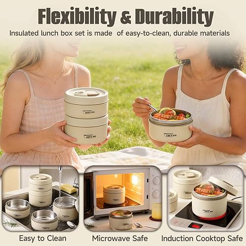 Miniatura 7 de Juego de recipientes de almuerzo aislados de 4 niveles, caja Bento apilable de acero inoxidable con bolsa de almuerzo aislada, recipientes para