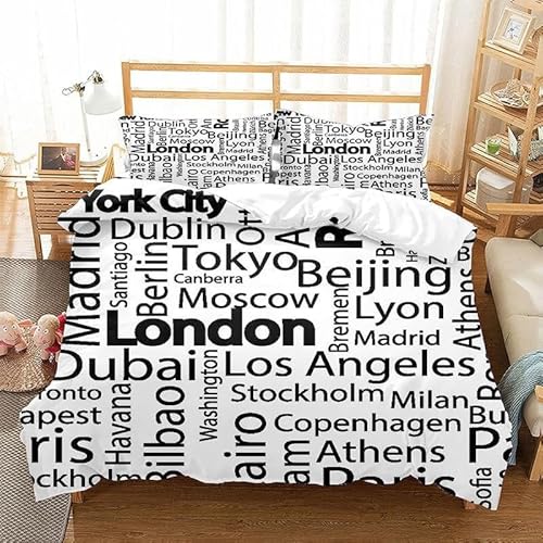 HONGS Juego de Cama 150 Letras Blancas Microfibra Suave Ciudad Funda Edredon 220x240 cm para Home Decoracion y 2 Funda de Almohada 50x80 cm con Cremallera
