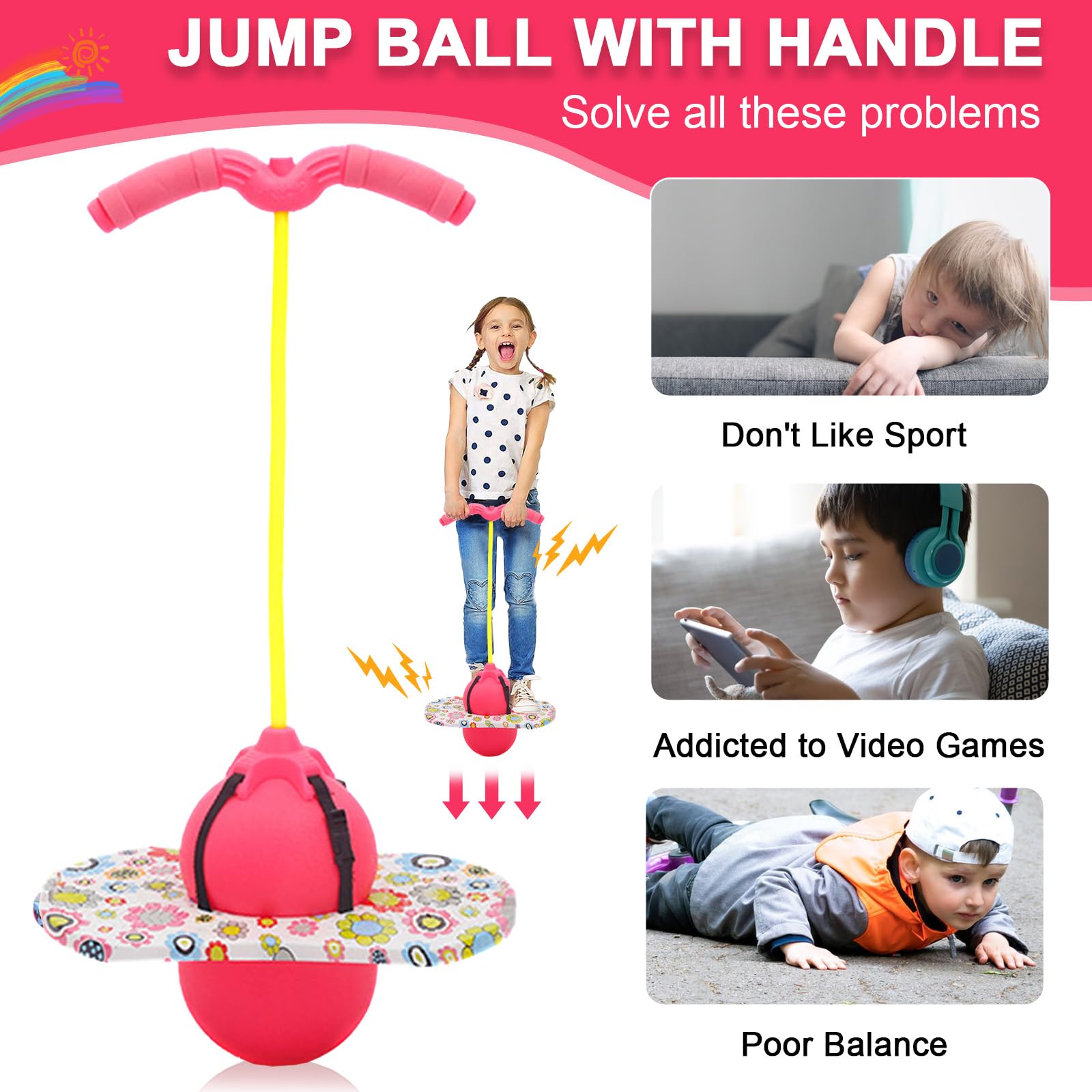 Pogo Ball mit Griffen, Pogo Stick Hüpfball für Kinder, Hüpfstange mit Luftpumpe, Pogo Ball zum Training des Gleichgewichts, Jump Spiel Geschenk für Kinder ab 6 Jahre (Rosa)