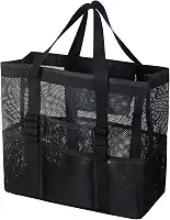 Bolsa de praia grande de malha – Bolsa de praia leve com 9 bolsos, bolsa de praia para mulheres, homens, itens essenciais para a família