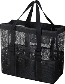 Bolsa de praia grande de malha – Bolsa de praia leve com 9 bolsos, bolsa de praia para mulheres, homens, itens essenciais para a família