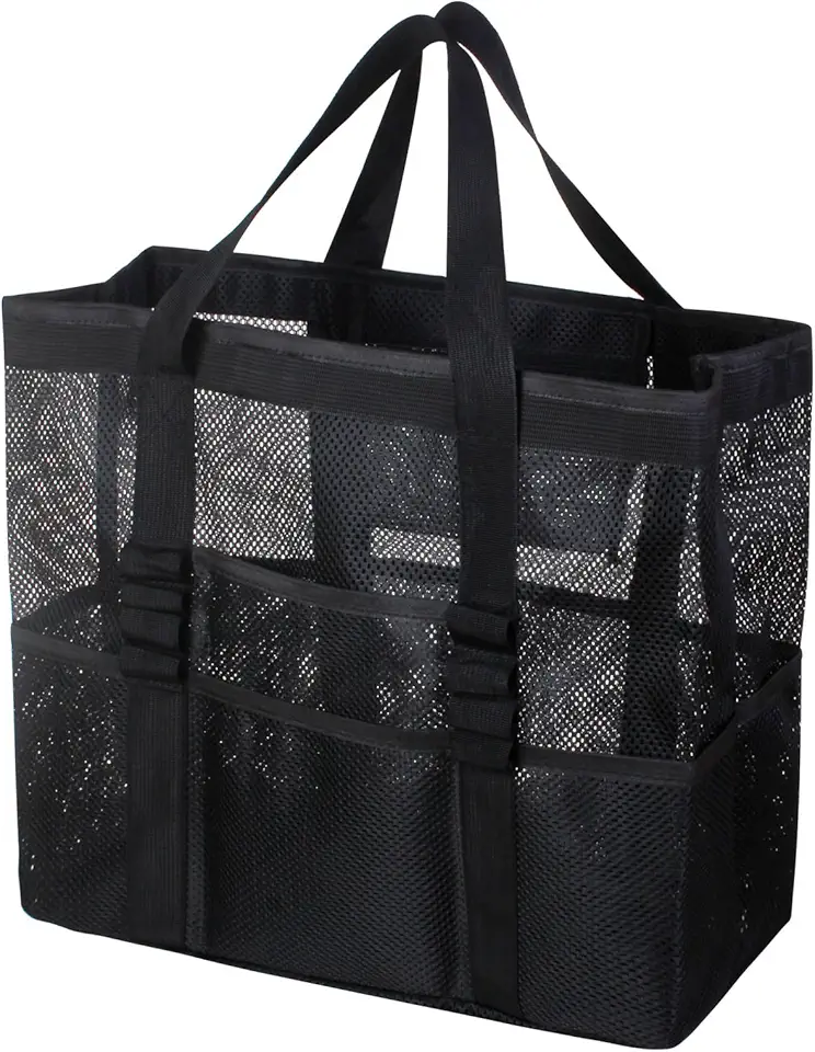Bolsa de praia grande de malha – Bolsa de praia leve com 9 bolsos, bolsa de praia para mulheres, homens, itens essenciais para a família