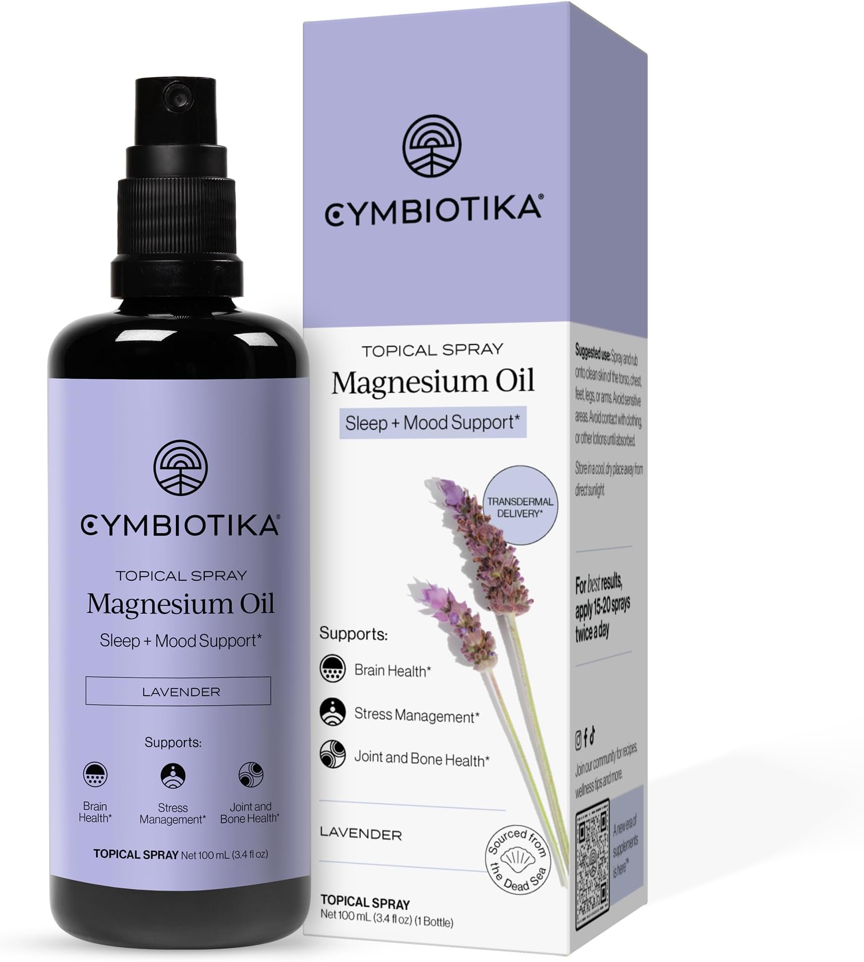 - CYMBIOTIKA Topical Magnesium Oil Spray for Body, USA Made, Supplement for Leg Cramps, Muscle, Joint Health & Sleep Support, Includes Magnesium Chloride, Lavender Extract, Aloe Vera - Skin Applicator | Transdermal magnesium chloride with lavender, aloe & arnica. Absorbs in minutes. USA made, cruelty-free, third-party tested.