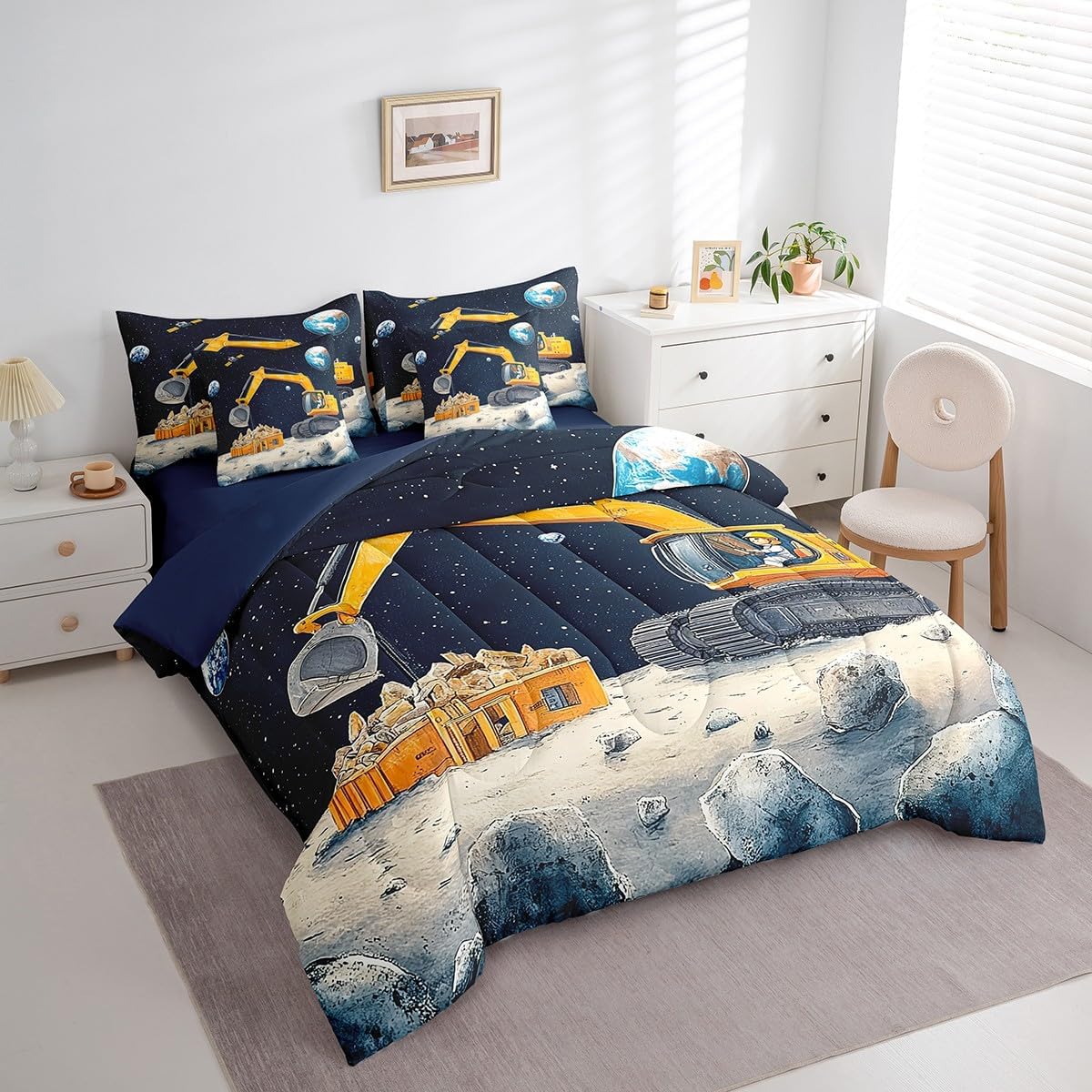 Manfei Excavator Comforter Set Bed in a Bag 7 Pieces Full,Moon Construction Vehicles Bedding Set,Mystery Universe Satellite (Comforter+Fitted+Flat Sheet+2 Pillowcases+2 Throw Pillow Covers)