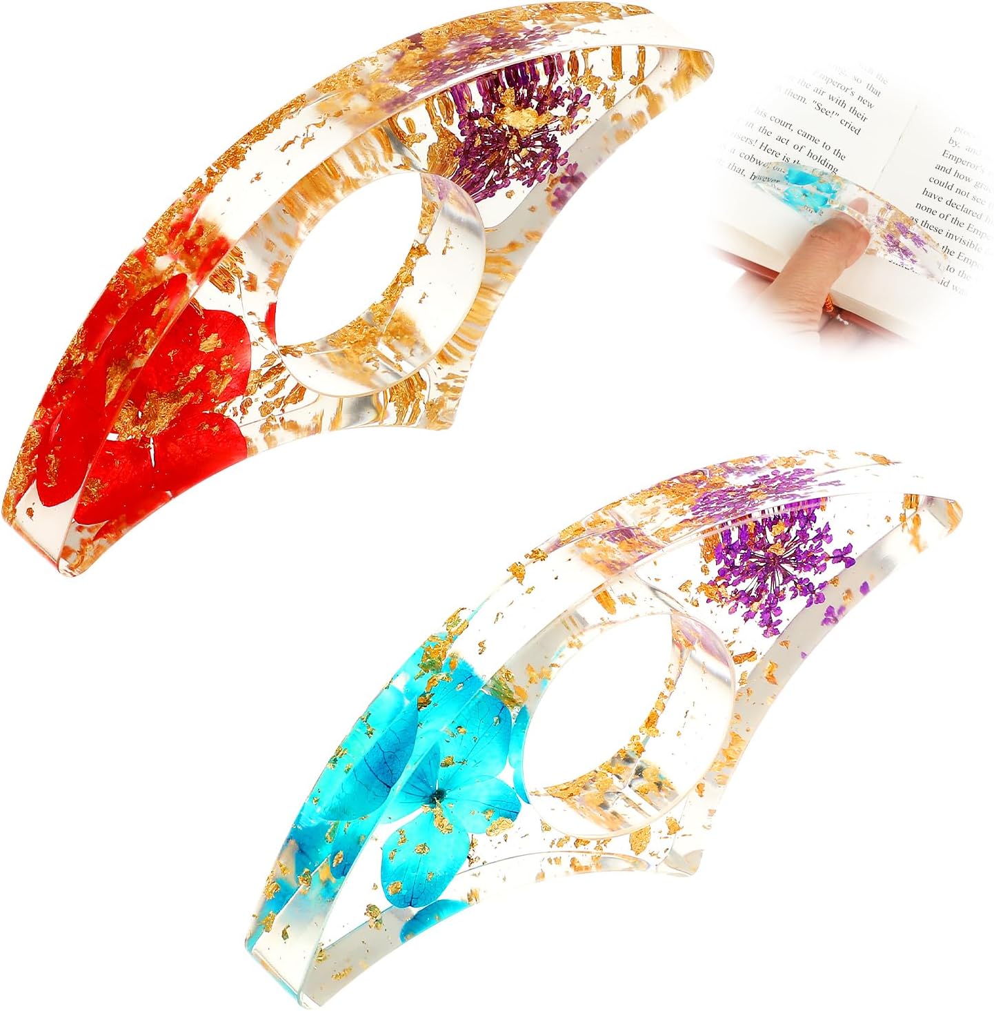 2 PCS Dried Flower Resin Book Page Holder, Thumb Book Page Holder Dried Flower Resin Transparent Thumb Bookmark Book Accessories for Reading Lovers Handmade Book Opener Holder Thumb for Book Lovers