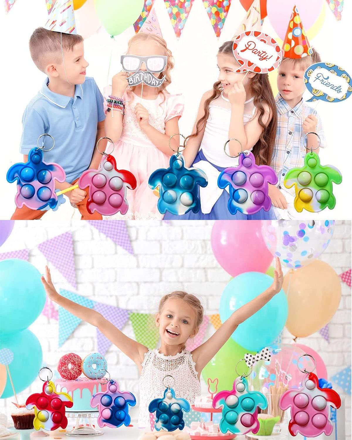 30 Packs Rainbow Bulk Turtle Mini Pop Fidget Keychain Bubble Toy for Boy Girl Kids Summer Party Favors Gift, Stress Relief Students Classroom Prize