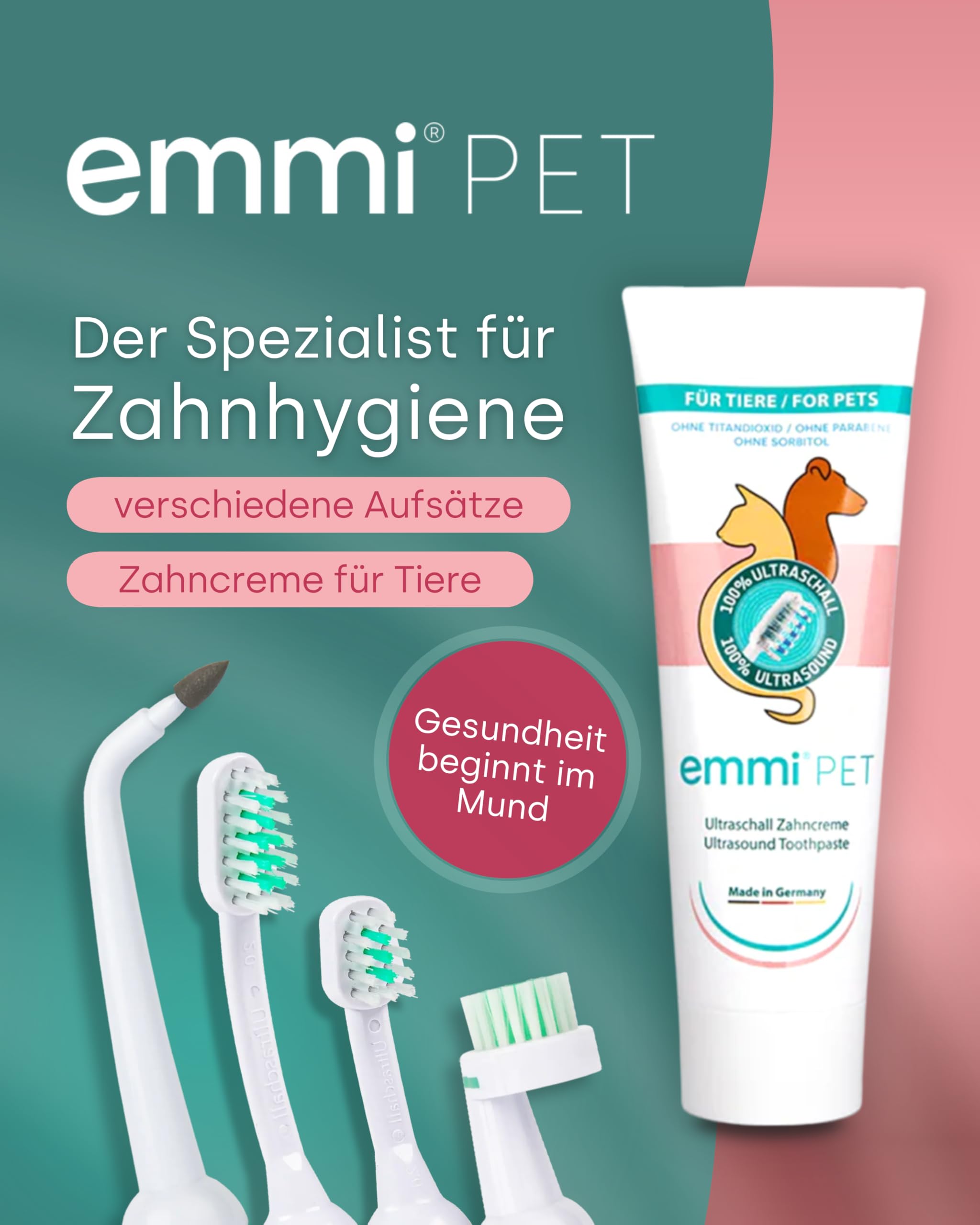emmi-PET PRO Ultraschallzahnbürste für Hunde I Ultraschall Zahnpflege I Bis zu 96 Mio. Schwingungen/Min. & 12 Tage Akkulaufzeit I Inkl. Ladestation, Zahncreme & Aufsätzen I German Engineering