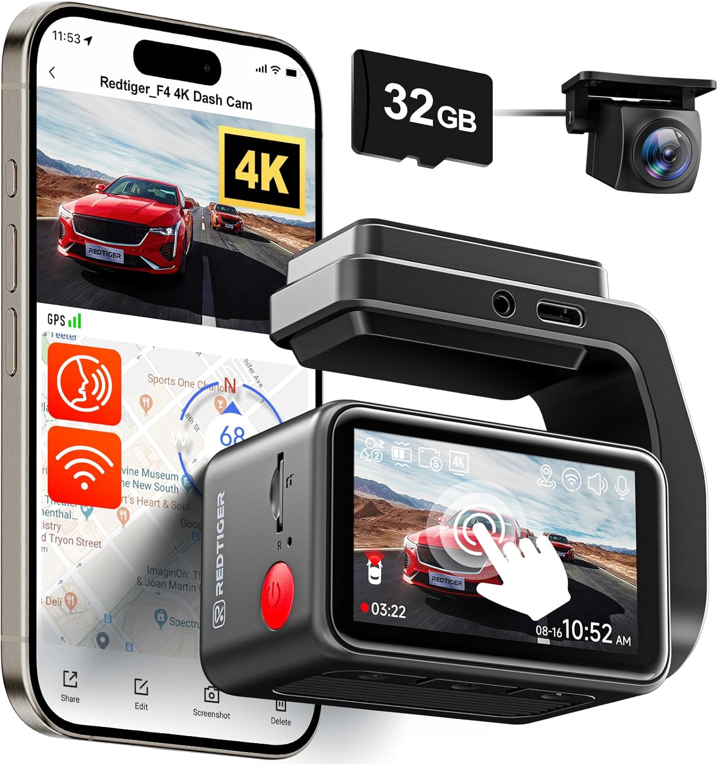 REDTIGER F4 & Original Rear Camera, 2160P UHD Touch Screen, Voice Control, Included 32GB Card, Night Vision, Built-in GPS, WiFi APP Control