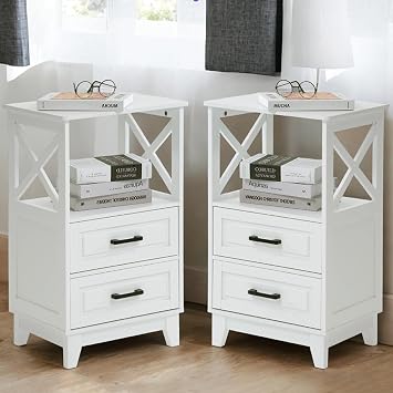 White Nightstand Set of 2, Tall Farmhouse Side Table with Storage Drawers and Open Shelf, Wooden Rustic End Table for Bedroom, Living Room
