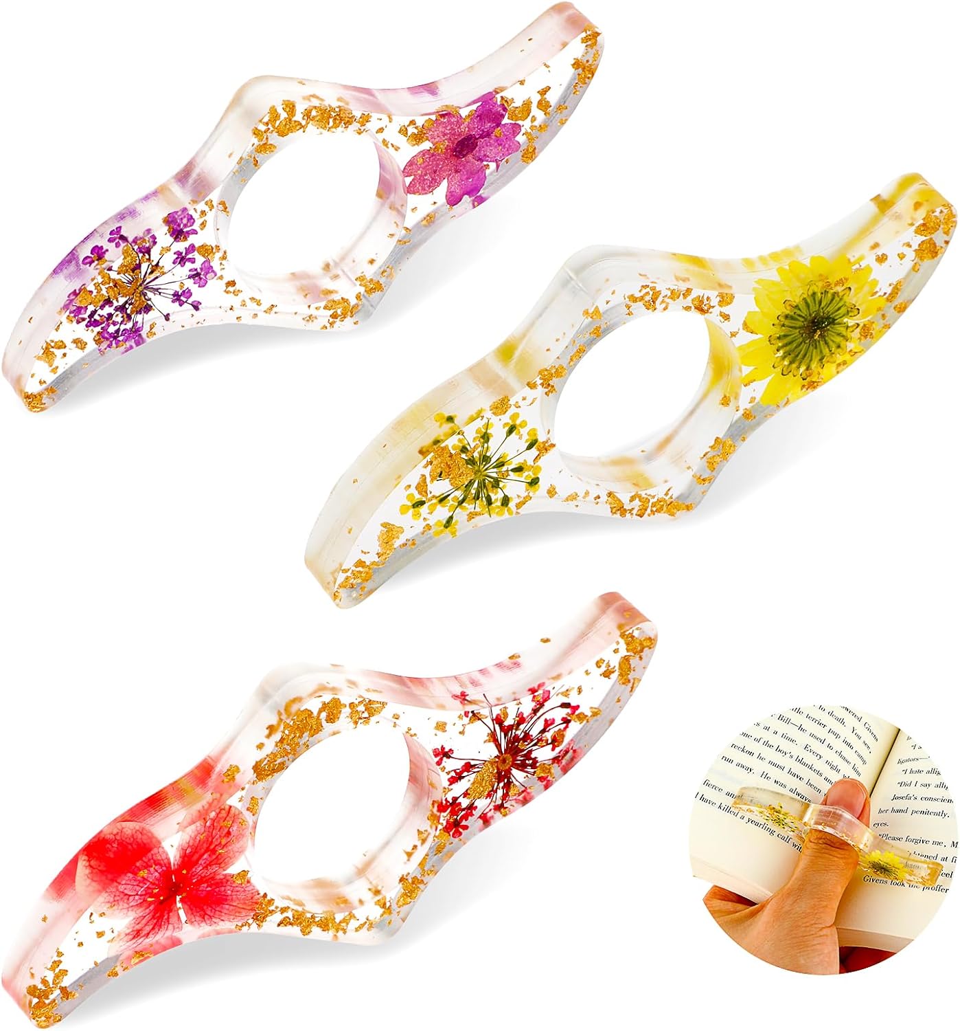3 Pcs Book Page Holder Clear Resin Dried Flower Thumb Page Press Light Weight Book Opener Bookmarks Reading Accessories Gifts for Bookworm Literary Lovers Teachers Students Women