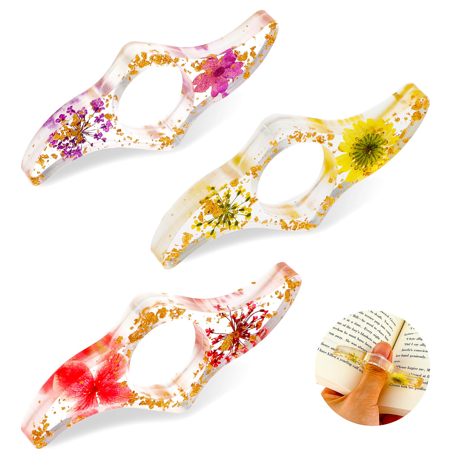 Dimeho 3 soportes para páginas libros resina transparente flores secas prensa página el pulgar abridor el día San Valentín marcapáginas accesorios lectura regalos amantes la literatura profesores