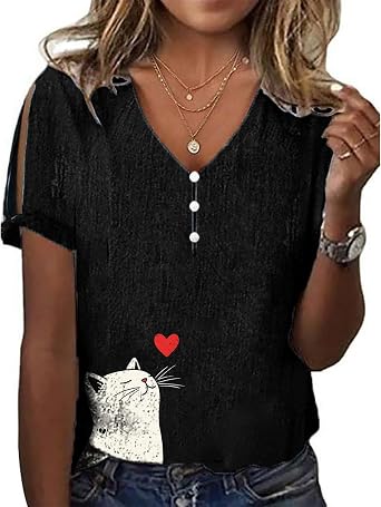 MARSVOVO Short Sleeve Blouses for Women Dressy Japanese Art Summer Cold Shoulder Tops Cute Button V Neck Daily Shirts