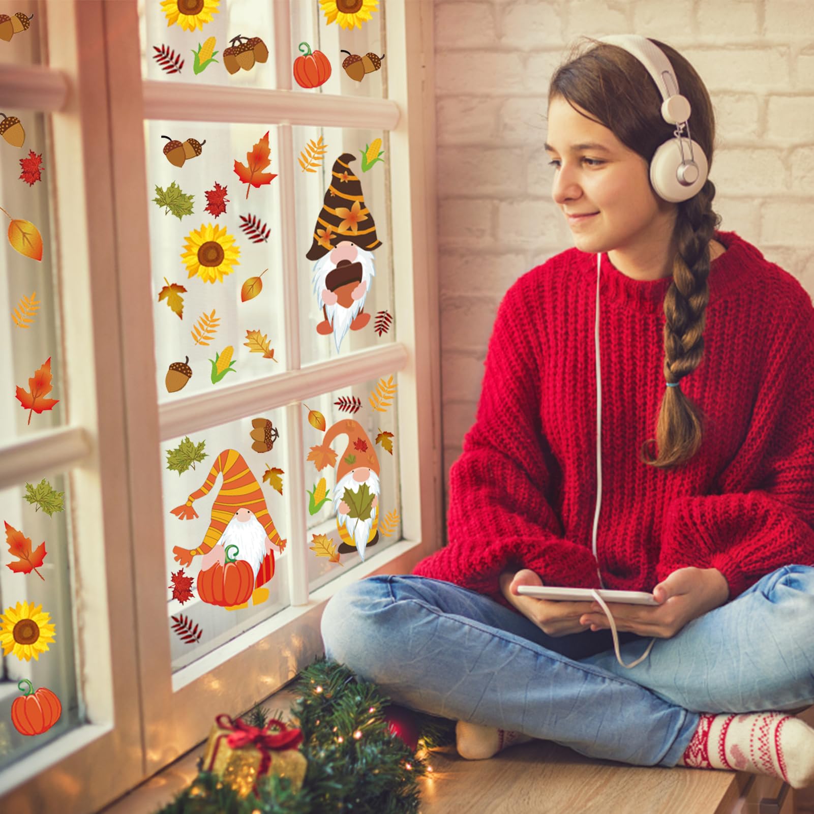 FullJoyHut Automne Décoration Autocollant Fenêtre Sticker Thanksgiving Décoration Verre Autocollant Feuille D'érable Gnome Citrouille Vinyle Porte Muraux Mural Pour Maison Fête Deco Decor