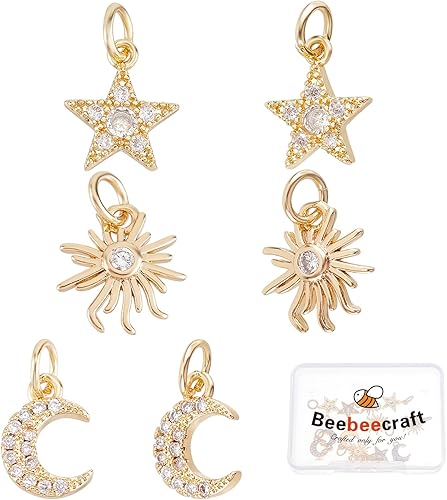 Beebeecraft 12 dijes chapados en oro de 18 quilates de 3 estilos con circonita cúbica con anillo de salto para hacer pulseras, collares, aretes, 12