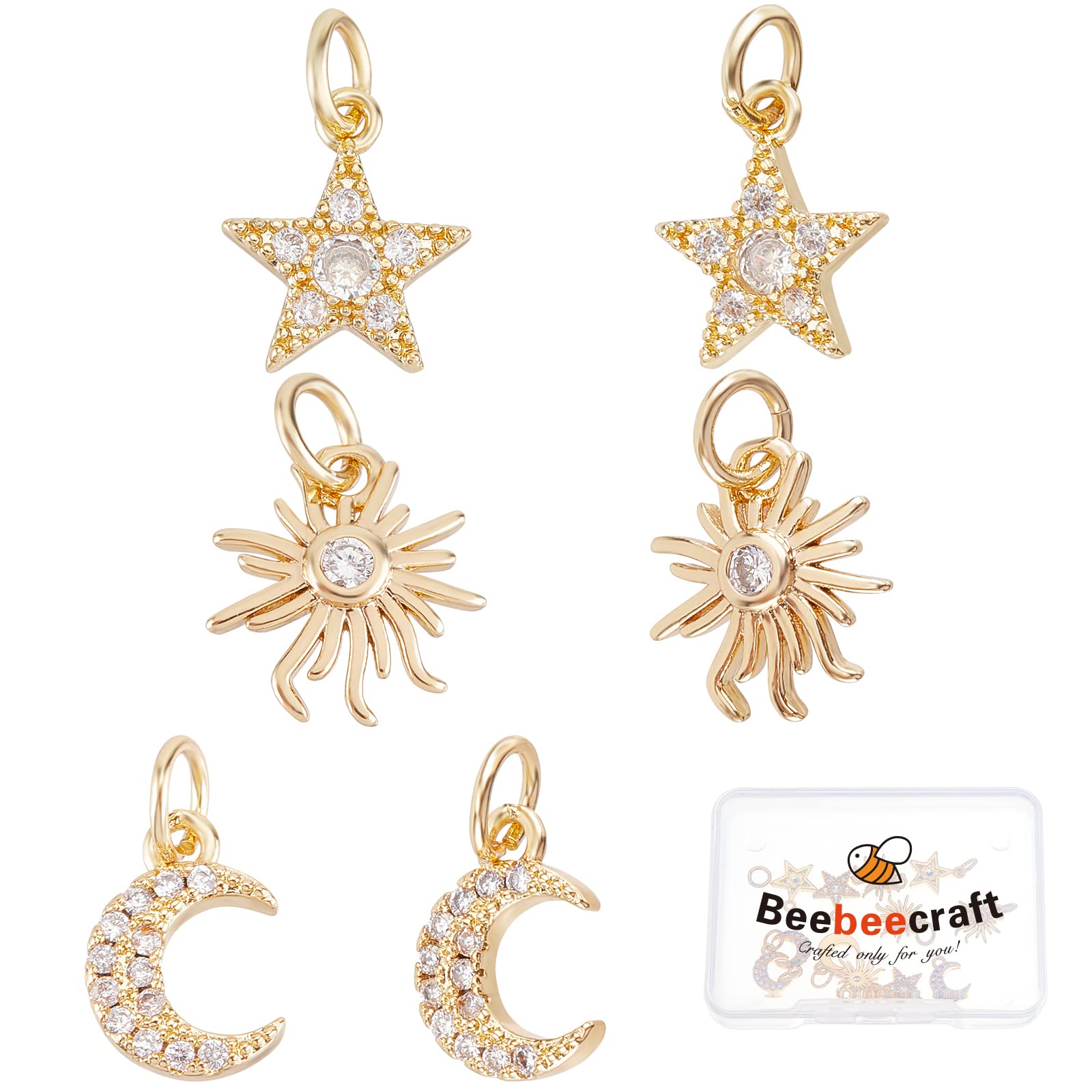 Beebeecraft 12Pcs 3 stile placcato oro 18 K Sun Moon Star Charms Cubic Zirconia fare risultati con salto anello per fai da te braccialetto collana orecchini fare