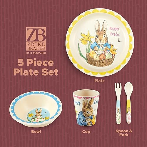 Miniatura 2 de Zrike Brands - Juego de vajilla de bambú de 5 piezas para niños juego de vajilla de Pascua con plato de cena cuenco taza tenedor y cuchara sin BPA