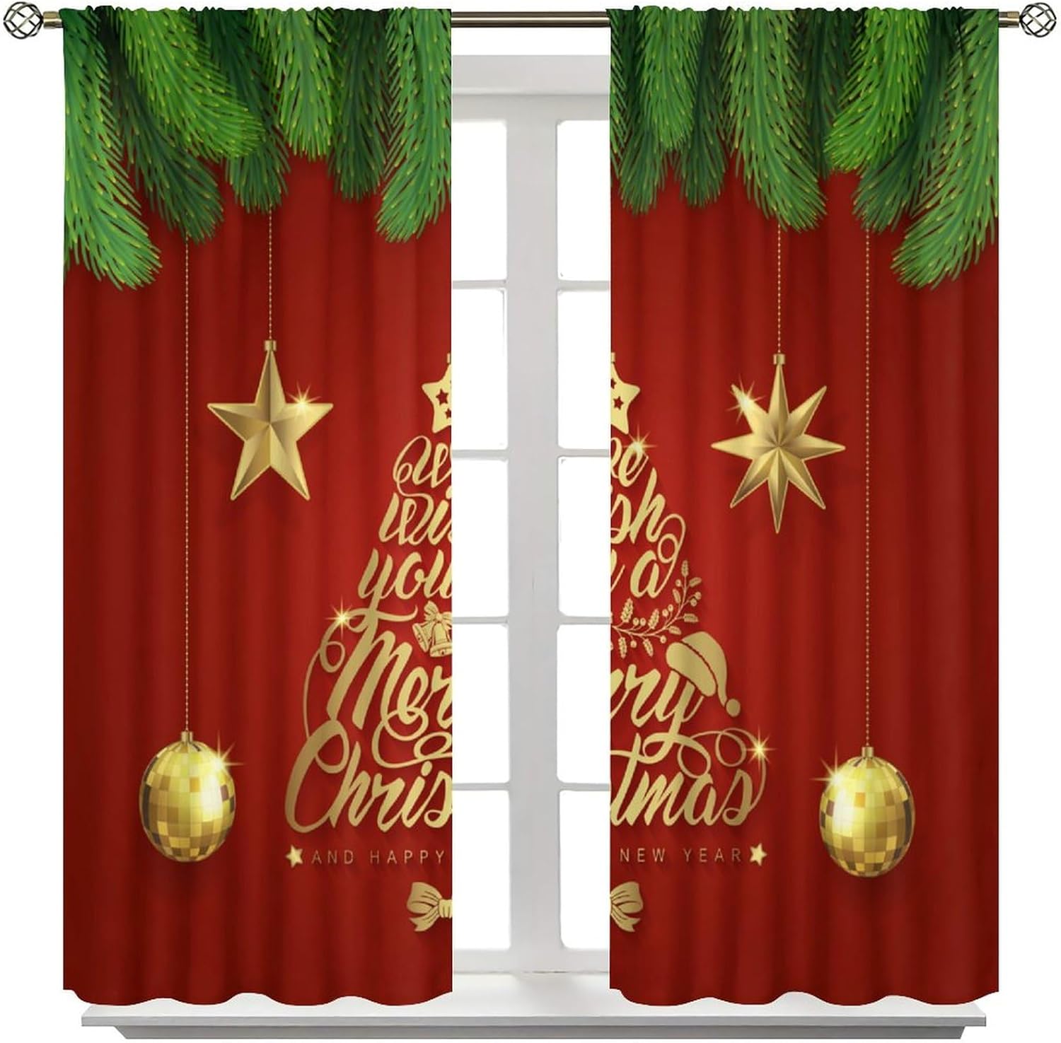 Christmas Curtains Winter Red Green Striped Grid Red Fruit Snowflake Window Treatments for Bedroom Kitchen Living Room Cafe Home Drapes 2 Panels Rod Pocket 42x54 Inch