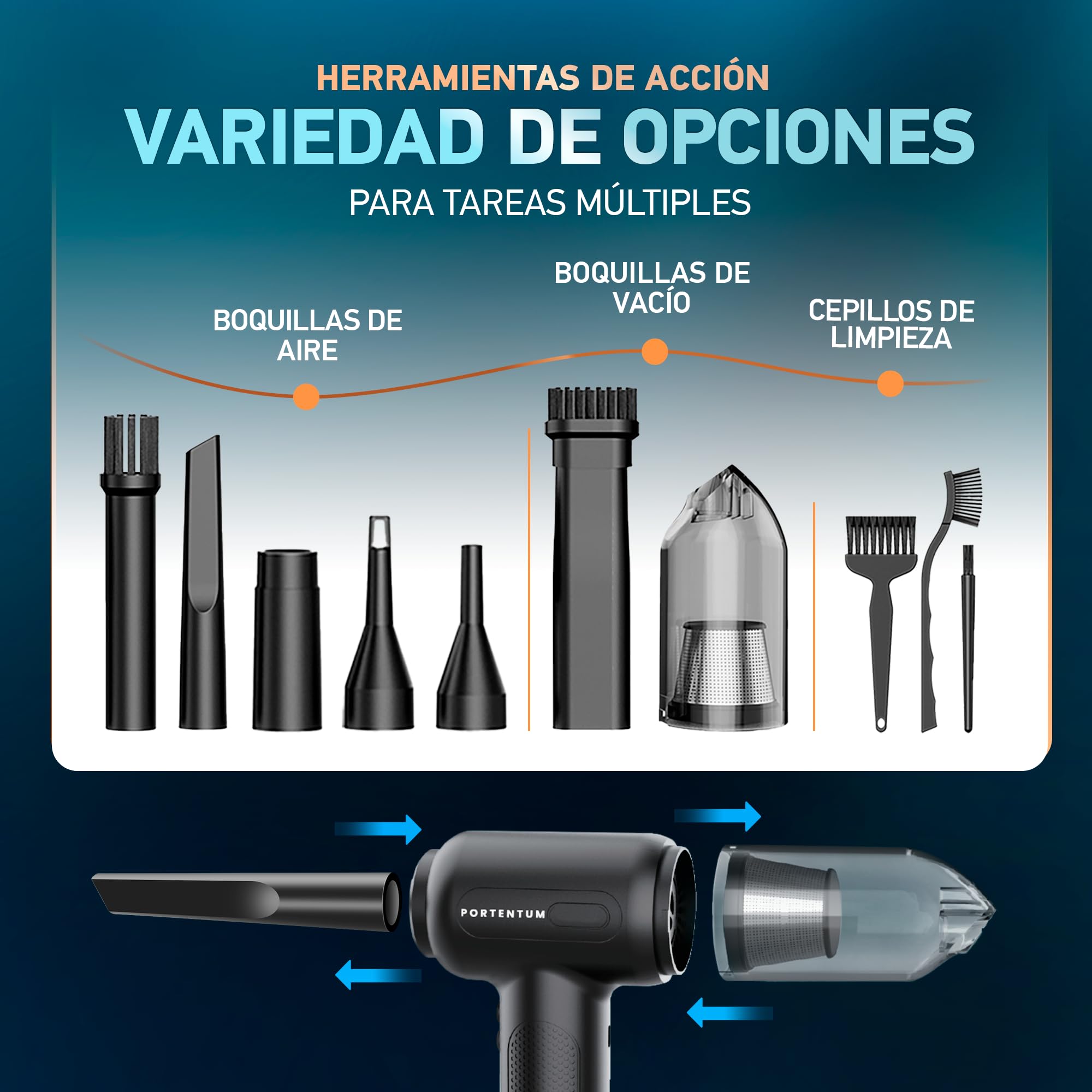 PORTENTUM 2 en 1 Aspirador de Mano Potente y soplador Aire comprimido, con batería, 3 velocidades y Bolsa de almacenaje. Aire comprimido Limpieza pc, sofá, Mascotas, Coche