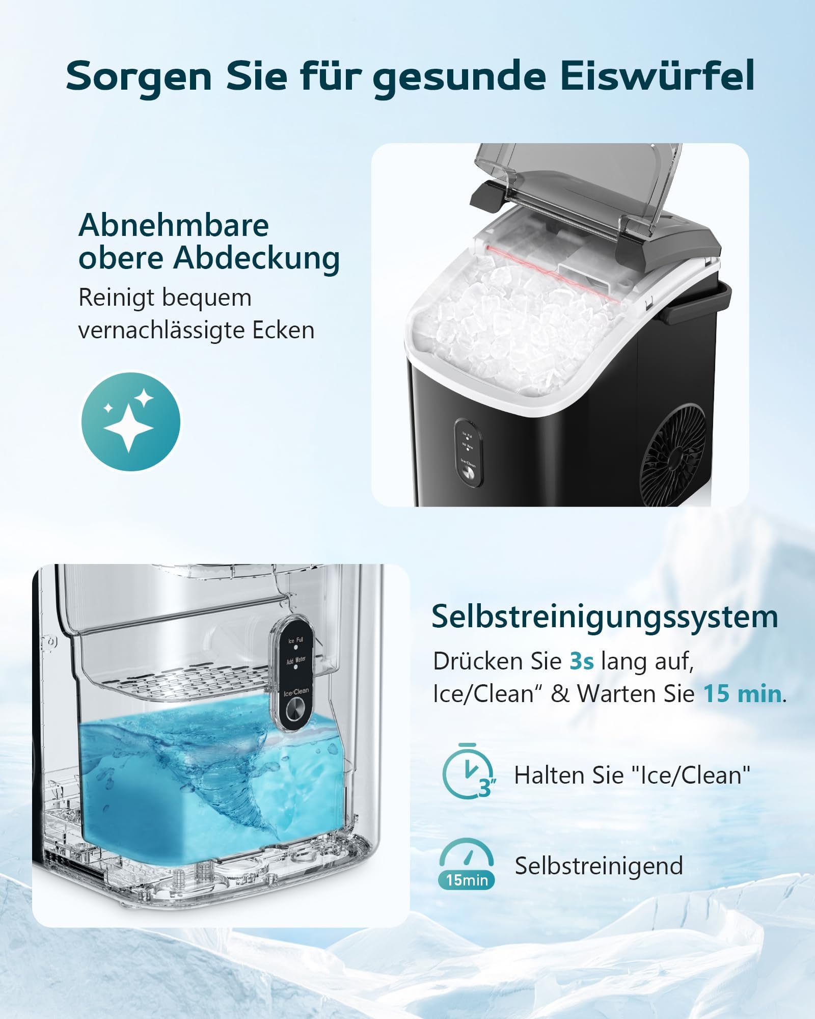 EUHOMY Macchina per cubetti di ghiaccio, 15 kg/24 h, produzione in 6 minuti, Crushed Ice Maker, Nuggets Ice, pulizia automatica, 120 W, macchina per cubetti di ghiaccio da tavolo, sensore a
