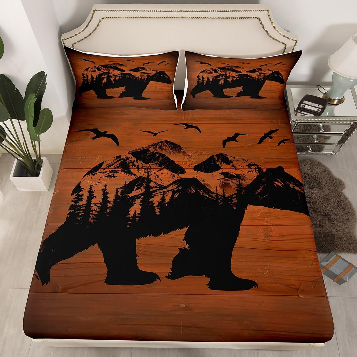 Cute Giraffe Fitted Sheet Queen Size 3 Pcs,Lodge Cabin Jungle Rustic Style Bedding Set for Kids Teens Adults,Wild Animal Pine Trees Bed Sheet with 2 Pillowcases(No Top Sheet)