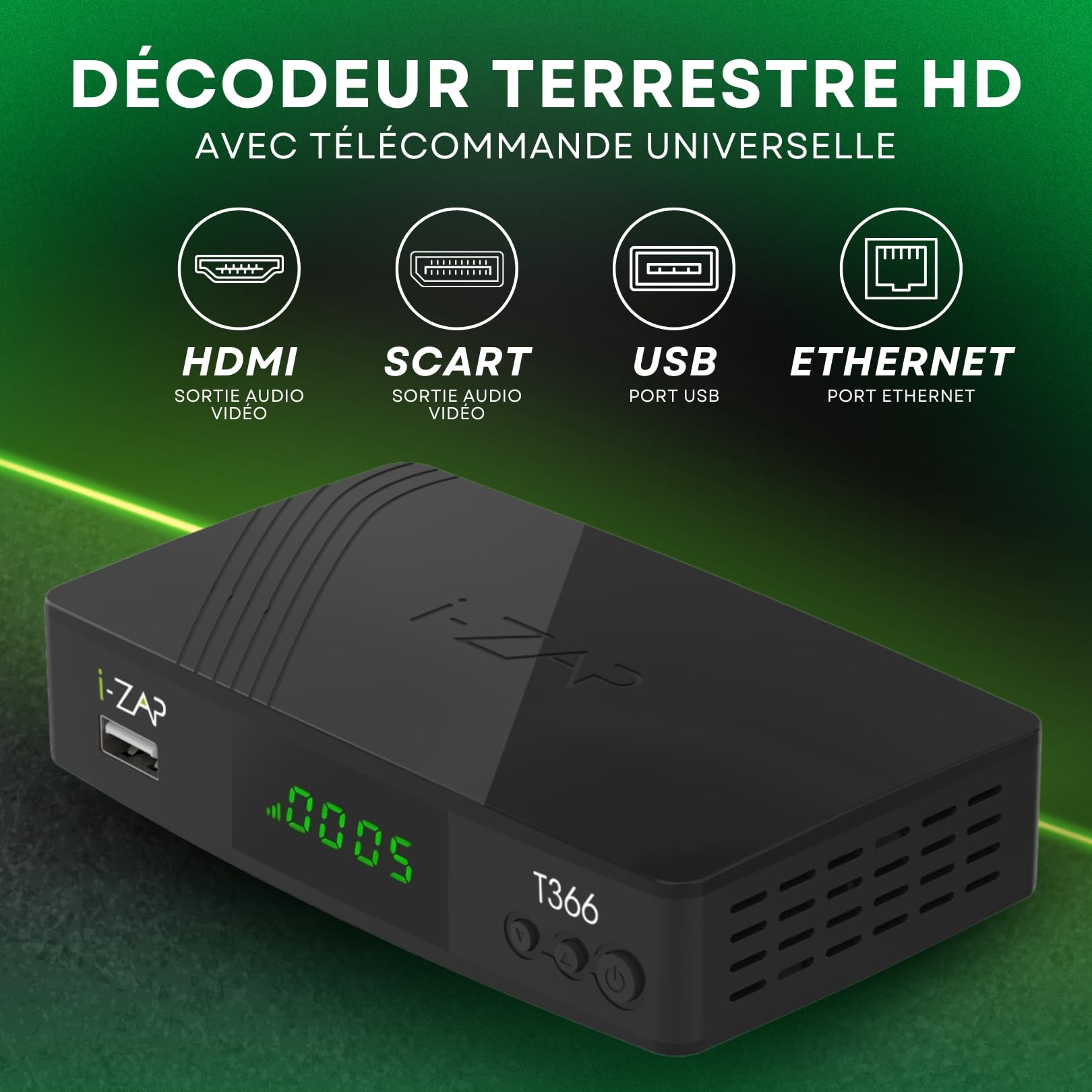 T366, Decodeur TNT HD 2025 DVB-T2 avec Télécommande Universelle, Decodeur TV HDMI/SCART/USB/Ethernet, Boîtier TNT avec Mise à Jour USB et Lecteur multimédia