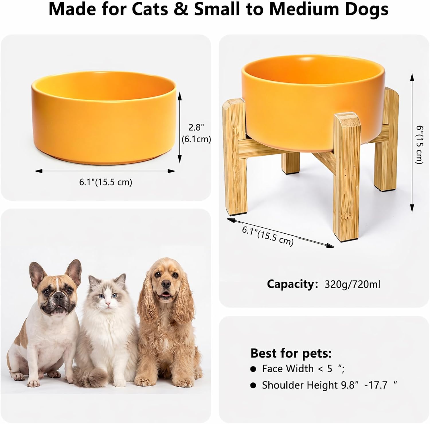 Raised Dog Bowl - Ceramic Elevated Dog Bowl with Non‑Slip Bamboo Stand for Food and Water - Microwave and Dishwasher Safe - 6.1" Dish for Small to Medium Dogs - 320 g / 720 ml - Yellow image 3