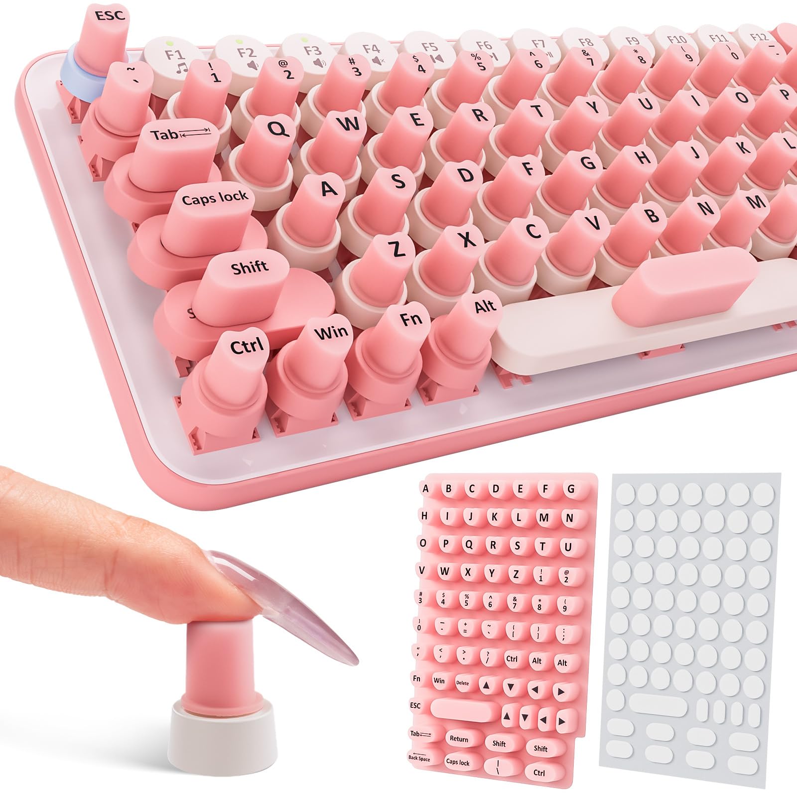 70PCS Raised Keyboard Stickers for Long Nails, Universal Nail Art Keyboard Bubbles, Self-Adhesive Keyboards for Long Nails, Comfortble Silicone Typing Keycaps for Office Girls Gaming - Pink