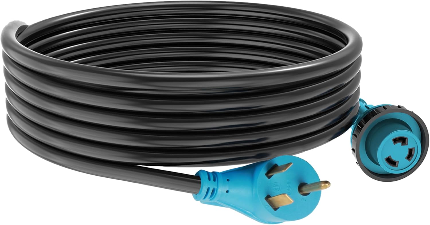 220 Heavy-Duty RV Power Cord with Powered Connection Indicator Light and Easy-Plug Handle - 25' Length, 30 Amp, NEMA TT-30P to NEMA L5-30R, ETL-Certified