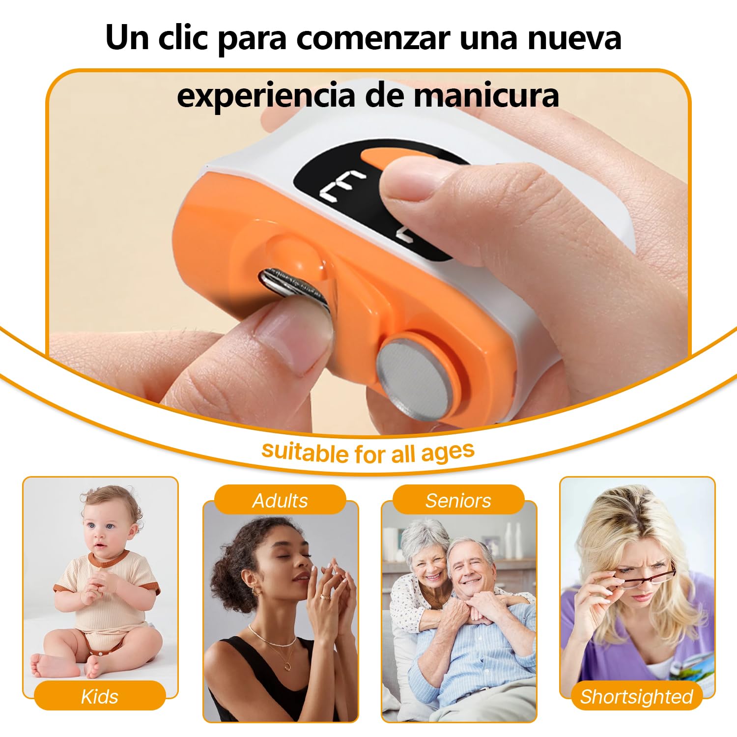 Cortauñas Electrico, 2026 nuevo 3 en 1 Cortaúñas Automático y Pulidor, 3 velocidades Cortauñas Eléctrica Ajustable Automático con Luz LED y Recargable por USB, para bebés, adultos y ancianos - Naranja