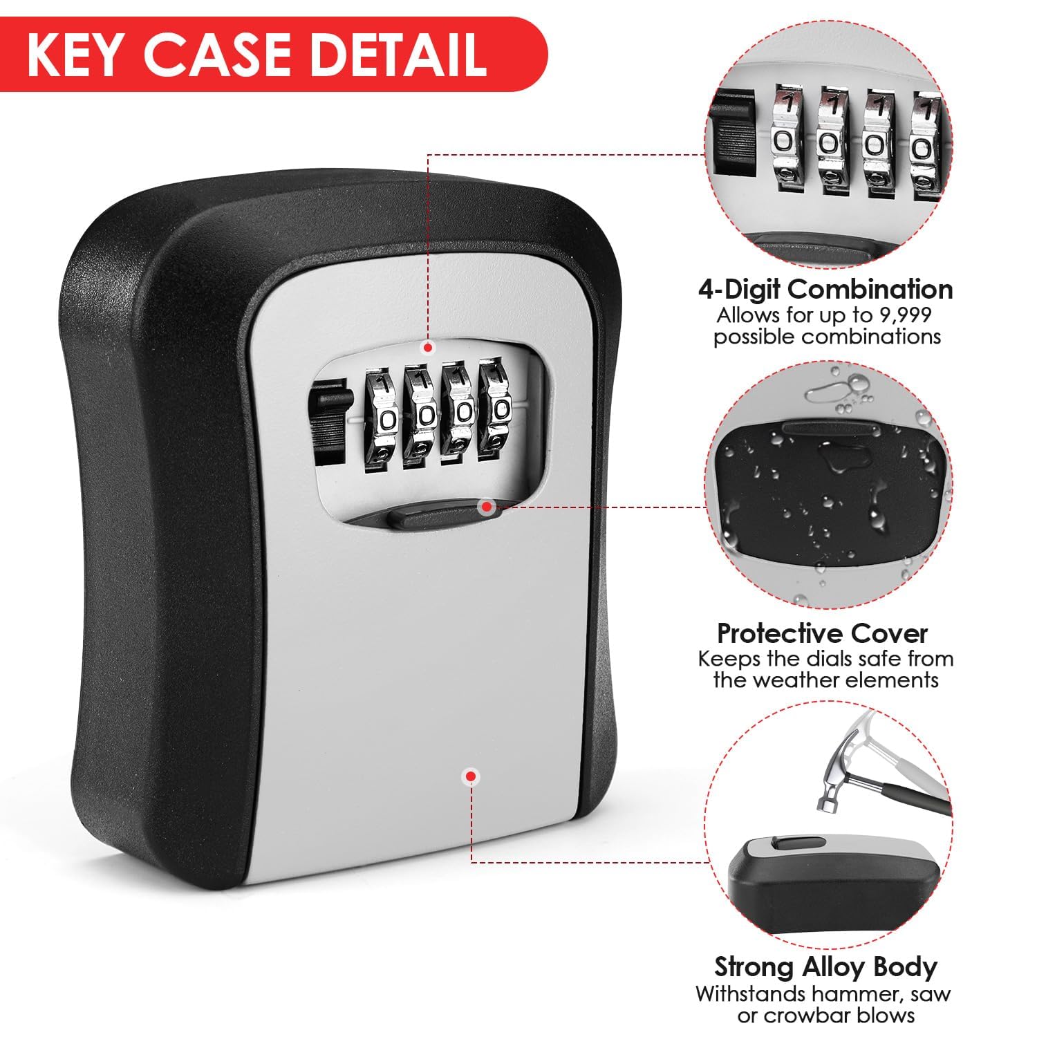 STESHWK Key Lock Box with Wall Mounted Combination House Key Weatherproof Safe Security Key Storage Locker Small Box, 4-Digit Resettable Code Outdoor Lock Box 3