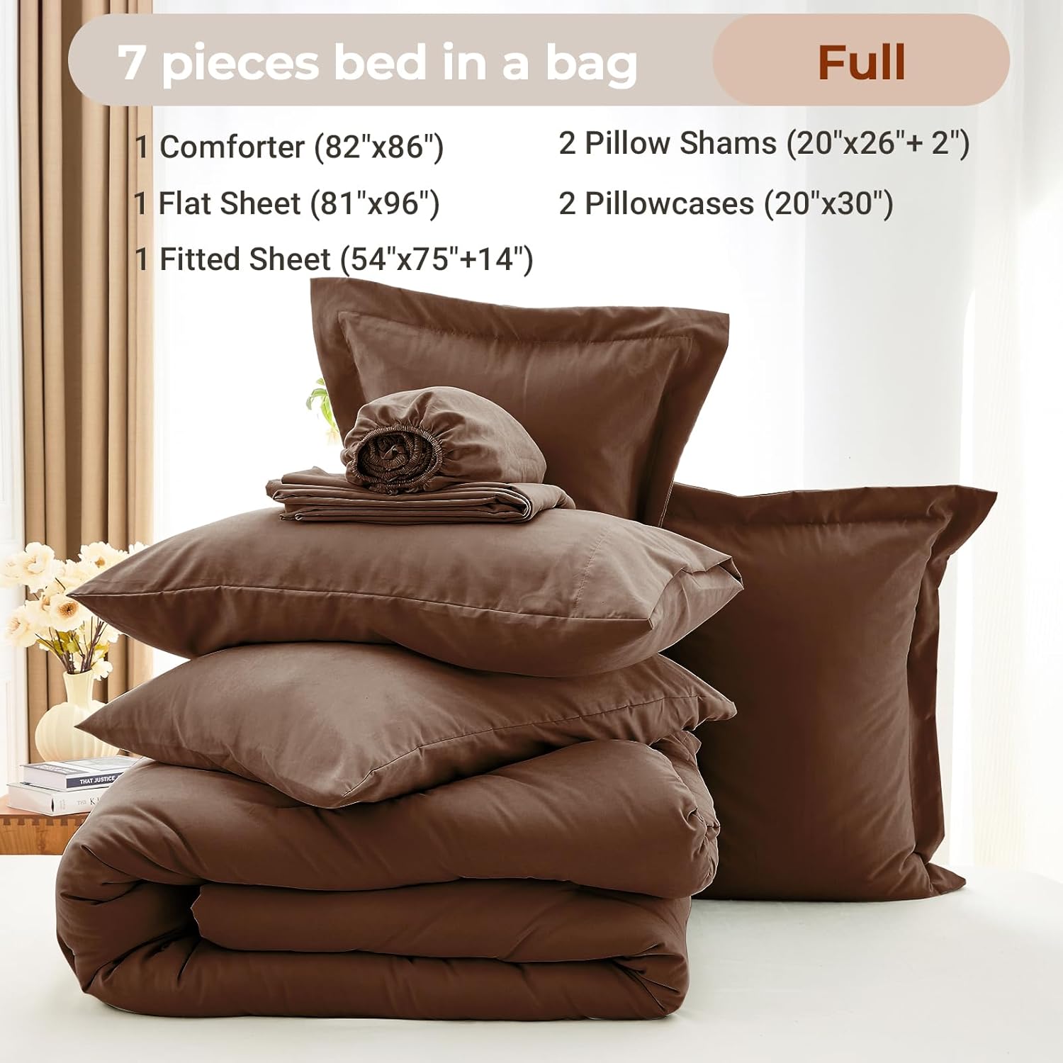MUXHOMO 7 Pieces Full Comforter Set, Soft Bed in a Bag Full Size, All Season Bedding Set with Comforter, Flat Sheet, Fitted Sheet, Pillowcases & Shams, Brown - Image 5