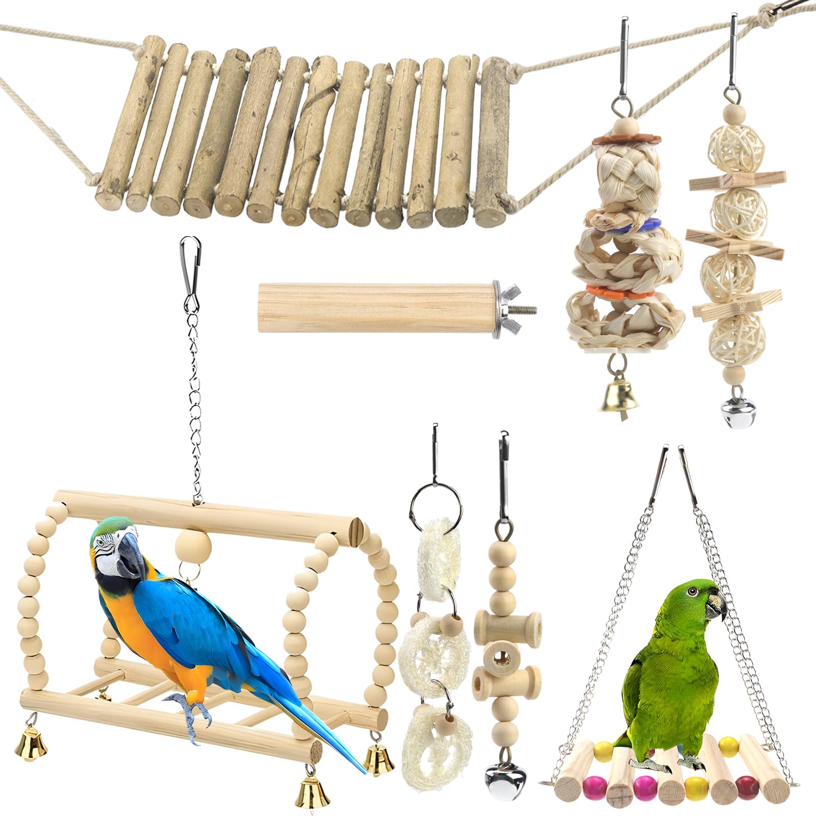 Jaula de pájaros de 8 piezas, accesorios de madera, juguete para periquitos, cacatúas, parque infantil, juguete para loros, columpio