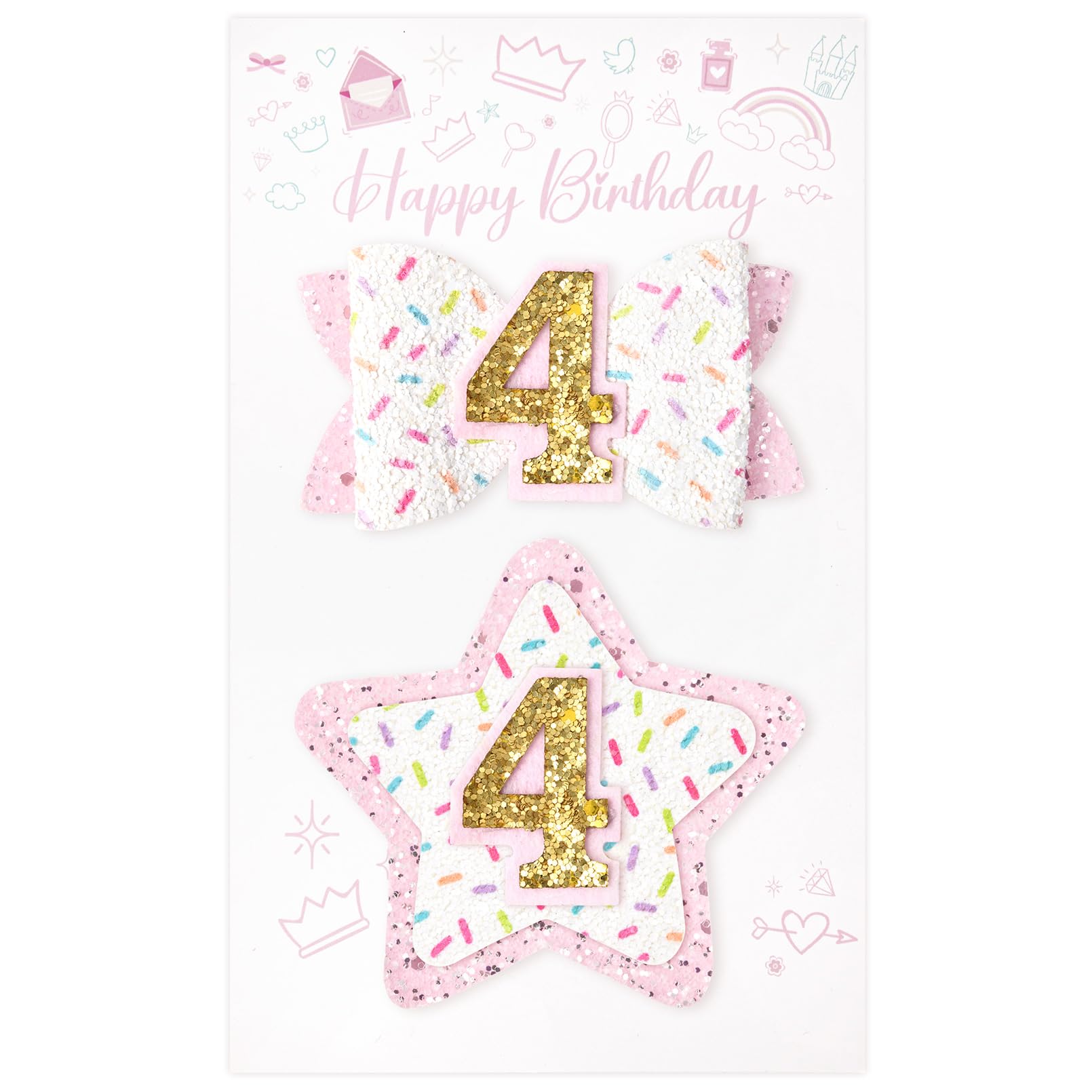 DEEKA 4th Birthday Hair Bow and Badge Set for Girl - Glitter Pink and White Hair Clips for 4 Year Girl Party Decoration - Girls Toddlers Hair Accessories