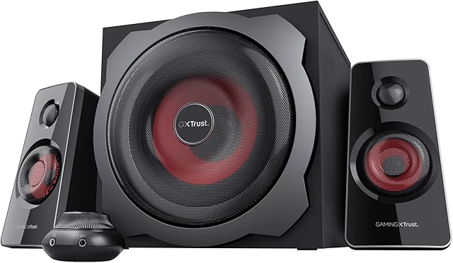 Trust Gaming GXT 38 Tytan 2.1 PC Speakers with Wooden Subwoofer, 120W (60W RMS), UK Plug, Wired Volume Control, Sound System for Computer, Laptop, TV, Smartphone, Console - Black/Red
