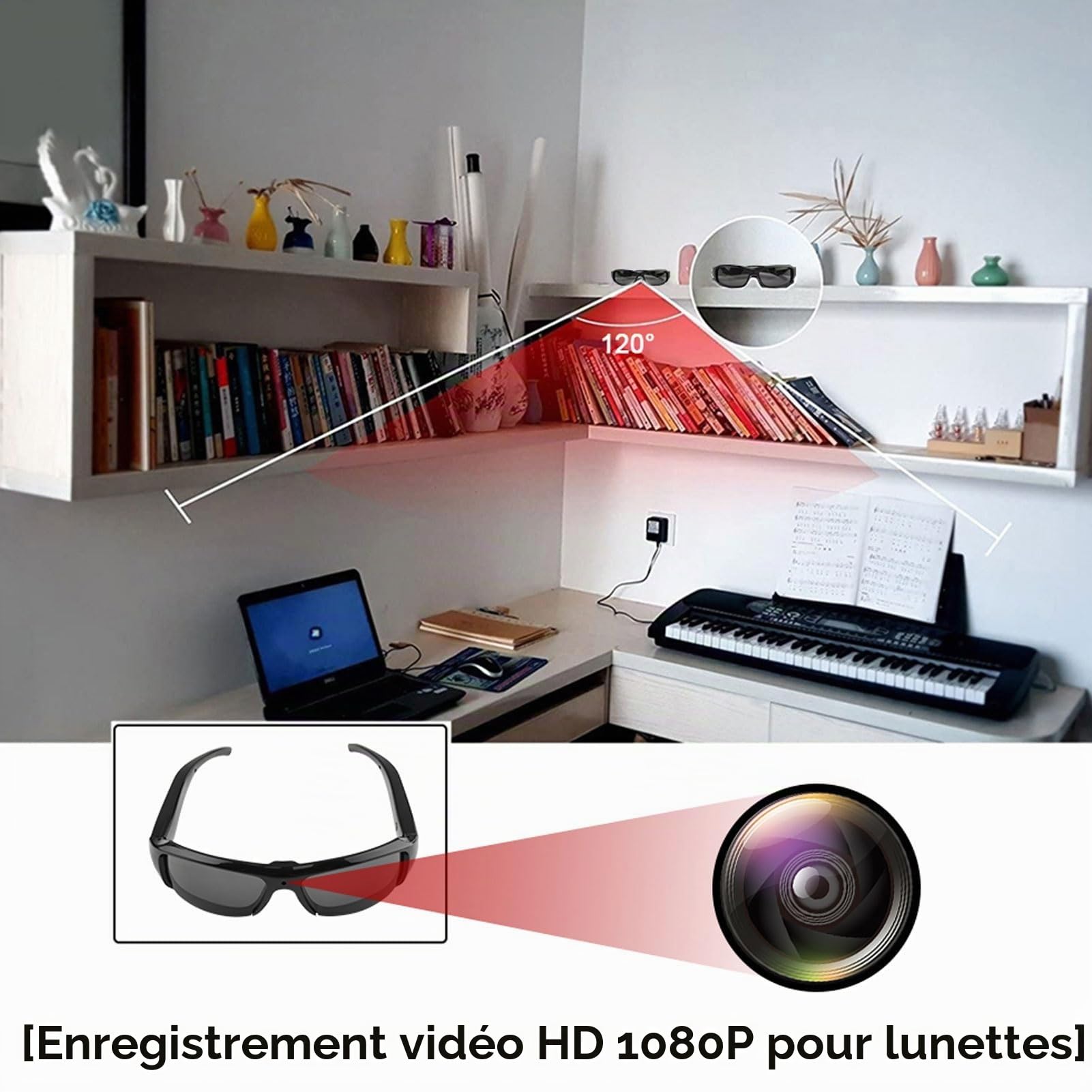 Fockety Lunettes de Soleil de Caméra 1080p, Anti-Angle de L'objectif Grand Angle Sports Lunets de Caméra avec Photo en Un Seul Double