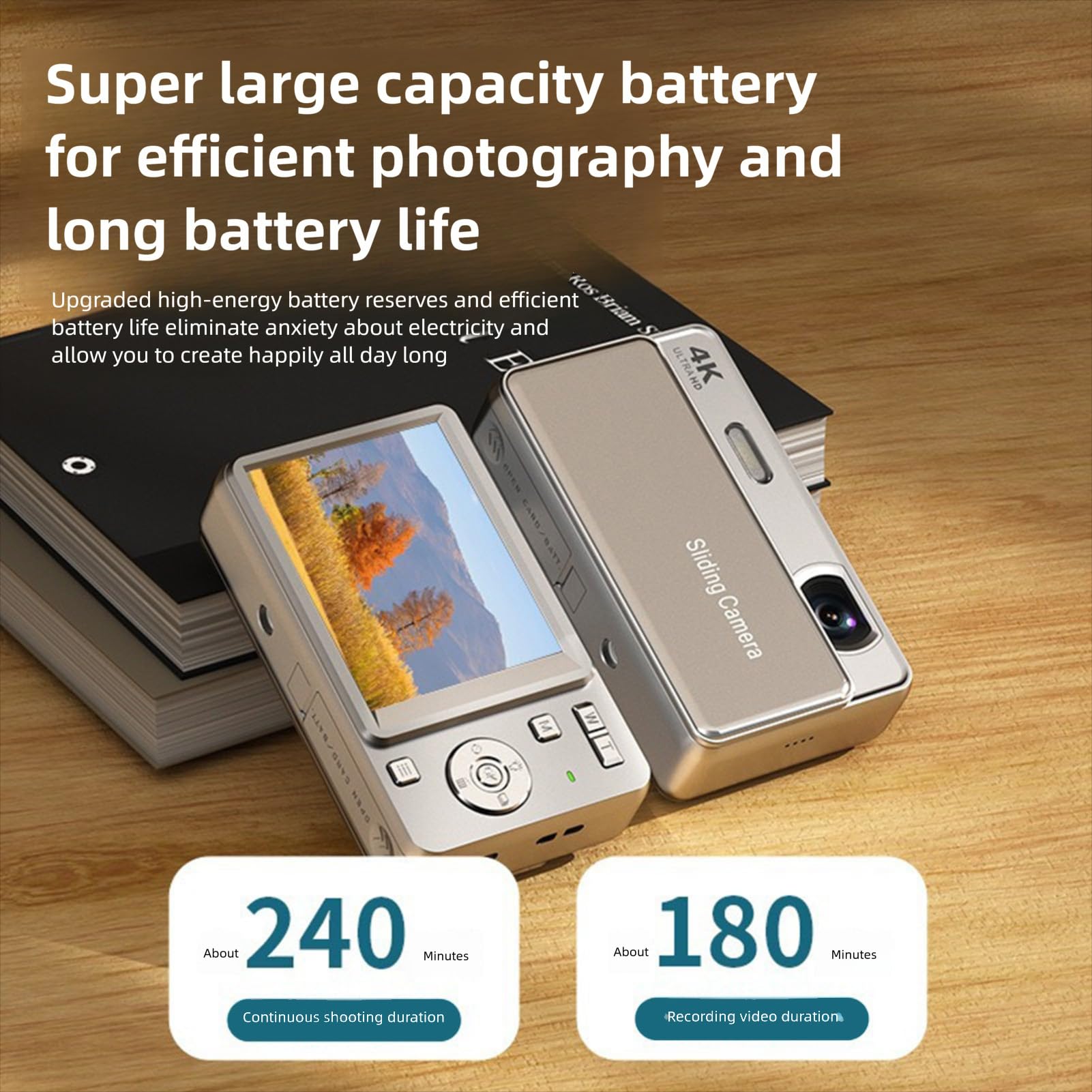 Fotocamera digitale 4K da 64 MP, fotocamera compatta, zoom digitale 16x, fotocamera scorrevole con schermo da 2,8 pollici, luce di riempimento dotata di batteria da 700 mAh, per viaggi