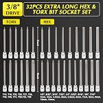 EMENTOL 32PCS 3/8" Dr. Extra Long Hex and Torx Bit Socket Set, CR-V, S2 Steel, 5.9" Length Allen Hex and Star Bit Socket Set, 1/8 Inch - 7/16 Inch, 3mm - 12mm, T10-T60