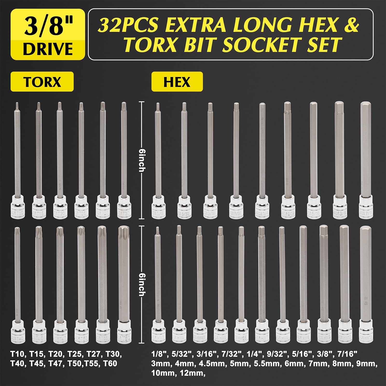 EMENTOL Juego de 32 llaves de vaso hexagonales y Torx extralargas de 3/8 pulgadas, CR-V, acero S2, 5.9 pulgadas de longitud, juego de llaves Allen hexagonales y puntas de estrella, 1/8 pulgadas - 7/16