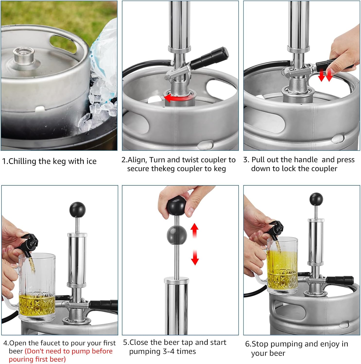 4" Beer Tap Keg Party Pump, American D System Keg Hand Pump for US Sankey keg Stainless Steel Probe Coupler Kegerator Pump Taps with Beer Line Faucet Hose Clamps,Gift for Homebrew, Bar, Party