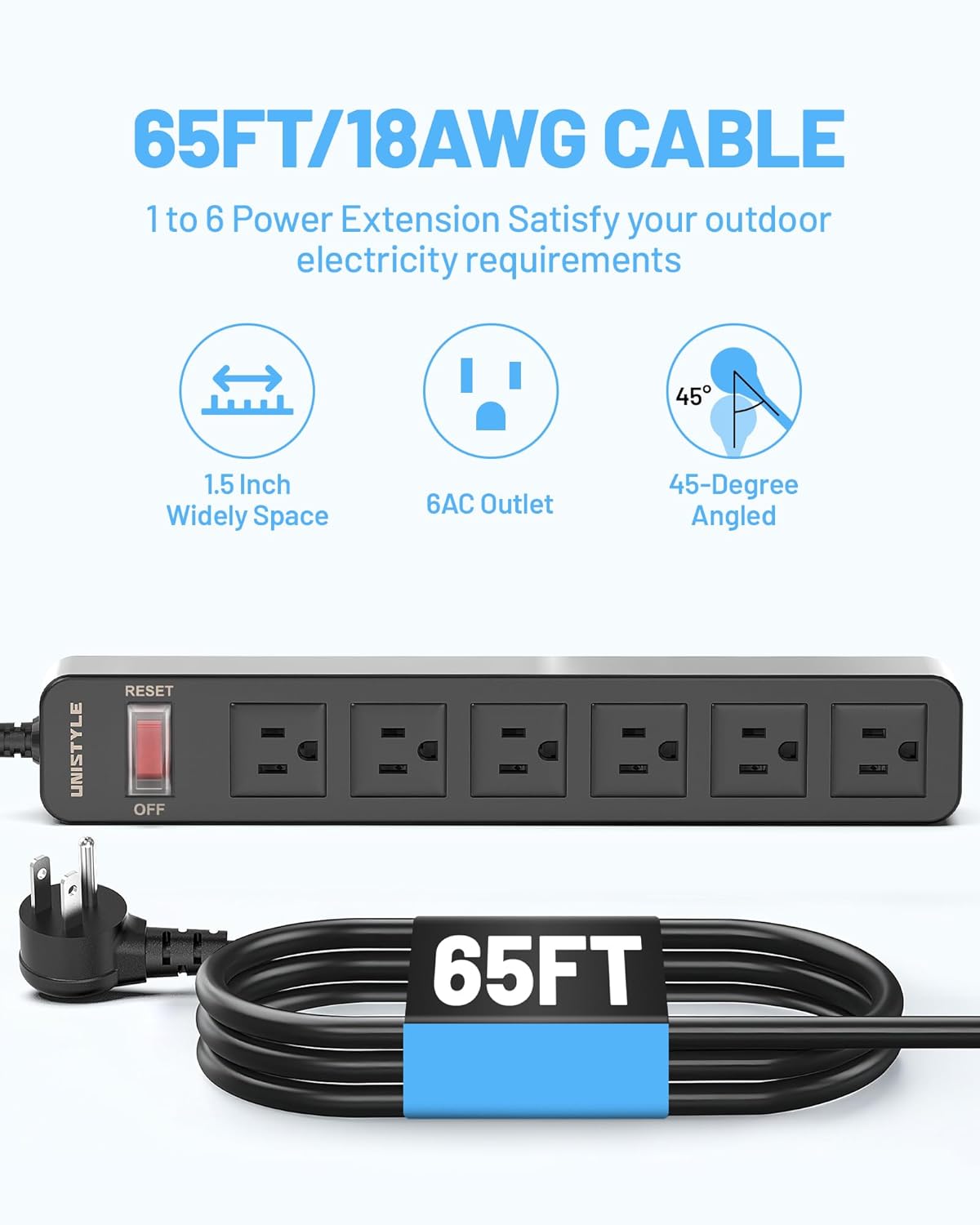 Unistyle 65FT Long-Reach Outdoor Power Strip (IPX4 Splash Proof & Weather-Resistant Cover), ETL Certified, 1700J Surge Protection with 6 AC Outlets, Extension Cord for Christmas Lights, Camping, Pool