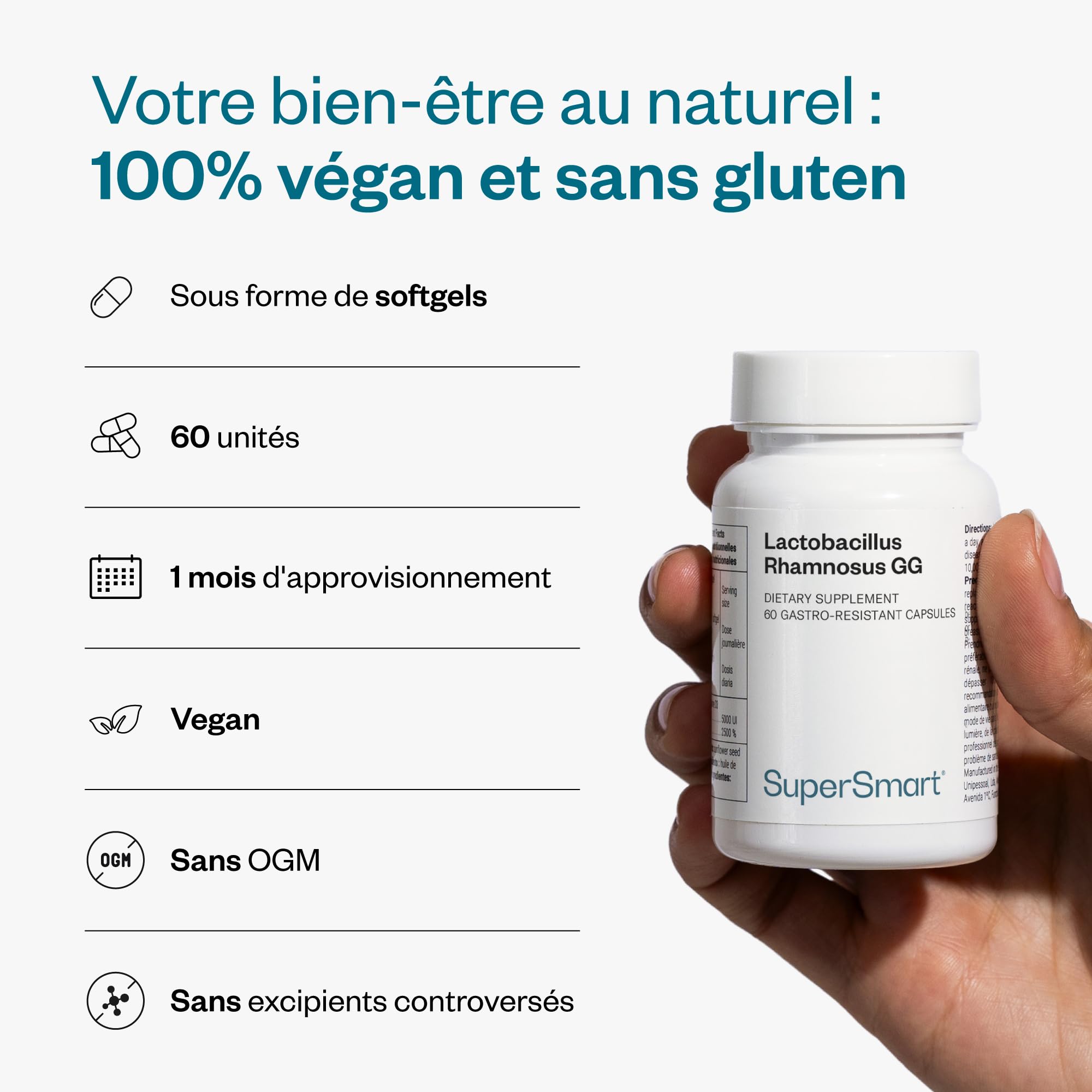 Lactobacillus Rhamnosus GG - Probiotique - Equilibre Microbiote et Flore intestinale - Booste le système immunitaire - Stimule la production des Lactobacillus - 60 gélules - Vegan - Supersmart