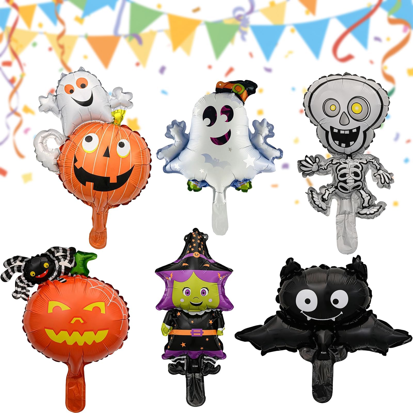 Zephyra 6 x Halloween Foil Balloons - Pumpkin, Witch, Ghost, Skeleton and Bat for Foil Party Decoration