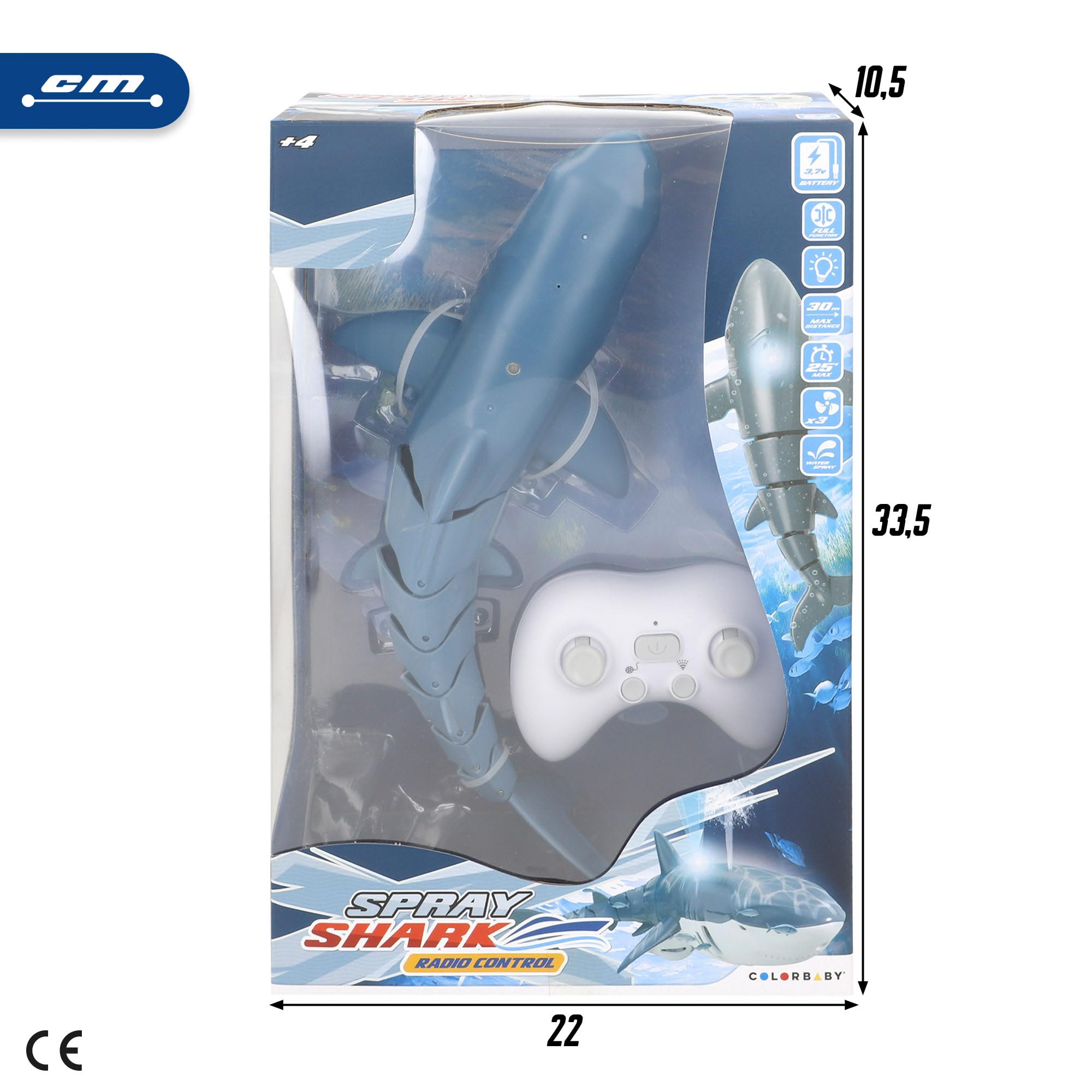 ColorBaby Racing Boat Tiburón de Juguete teledirigido, 38x14x10 cm, Mando Sumergible, 6 direcciones, Frecuencia 2.4 GHz, Alcance 30 Metros, Autonomía 25 Minutos, +3 años (39729)