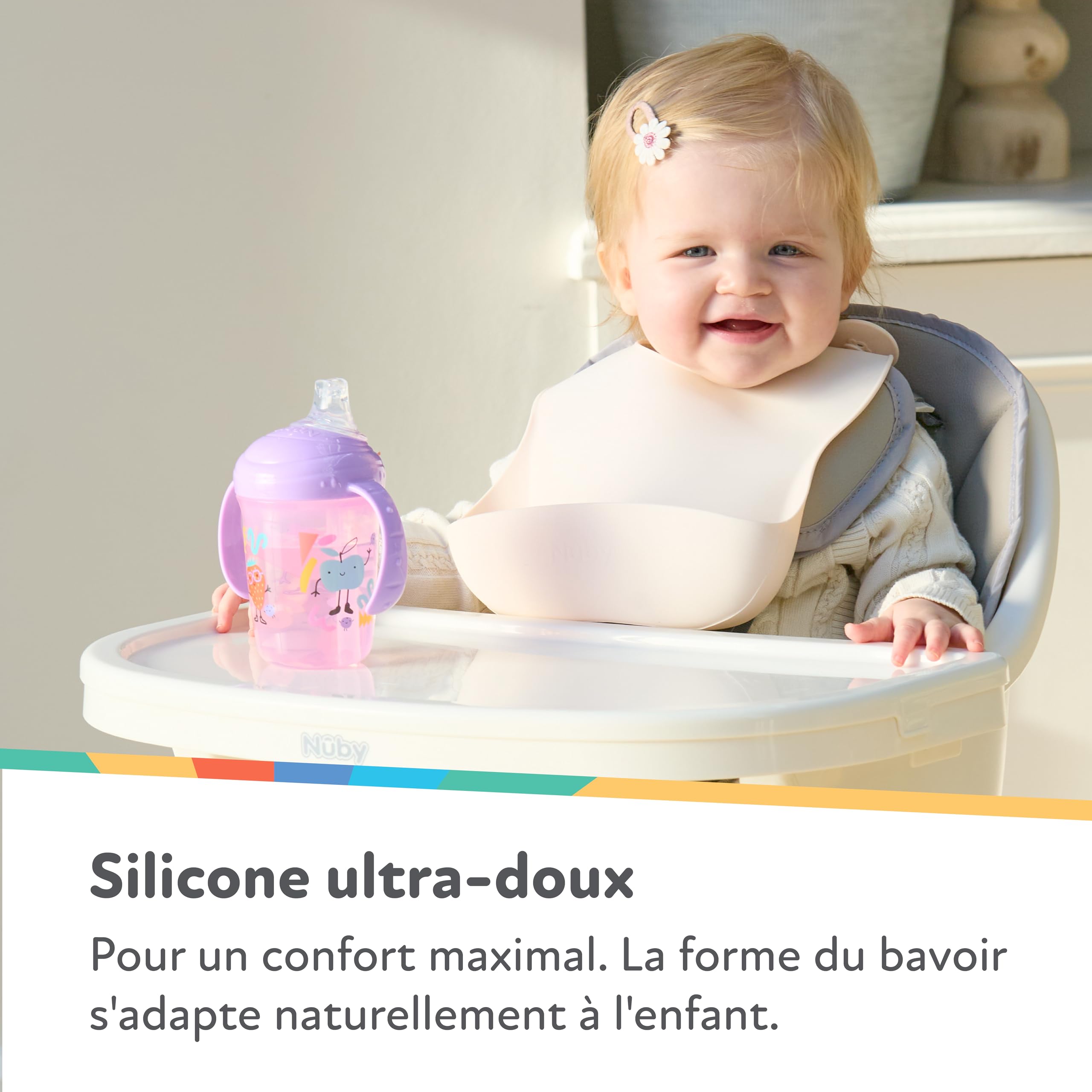 Nuby Lot de 3 Bavoirs Bébé en Silicone Fille – Imperméables & Faciles à Nettoyer – Souples et Réglables – Poche Récupératrice de Nourriture – Bavoirs Repas Bébé et Tout-Petit