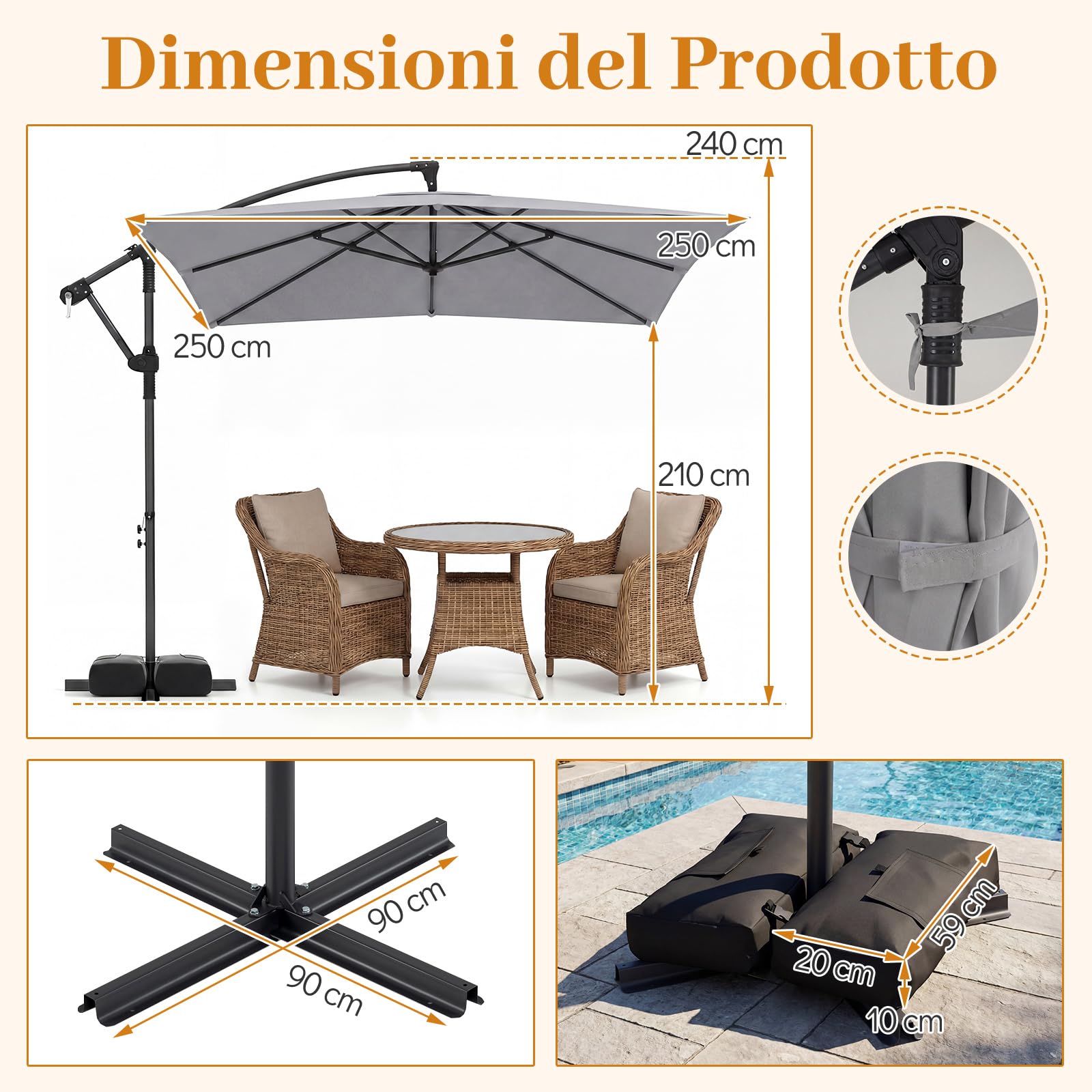 COSTWAY Ombrellone da Giardino 250 cm, Tettuccio Girevole e Ventilato | Protezione Solare, Resistente, Portatile, Sacchi di Sabbia, per Balcone, Esterno, Spiaggia (Grigio, 0 Luce LED)