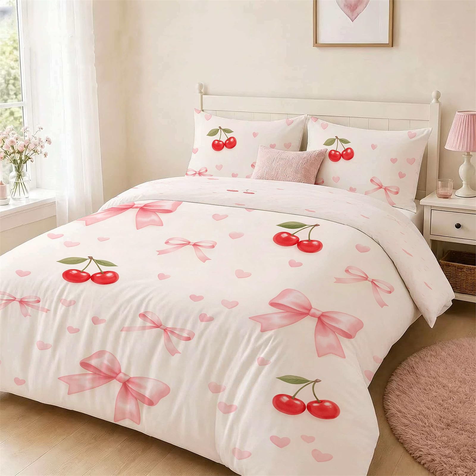 Vryxel Girls Kids Cherry Bow Heart Bedding Double Duvet Cover Set Bed Zipper Pink Red 200 x 200 CM