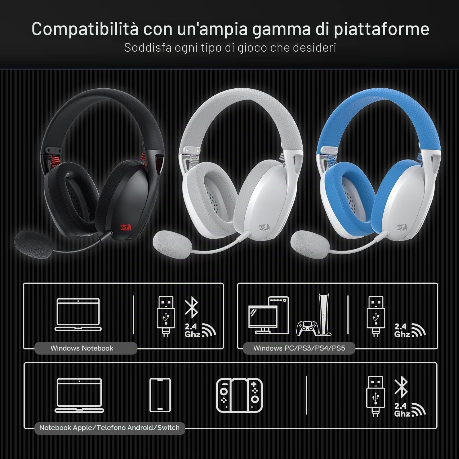 Redragon H848 BT Cuffie Gaming Senza Fili Leggere 7.1 Surround | Driver da 40 mm, microfono staccabile, compatibile con PC PS5 Switch dispositivi mobili