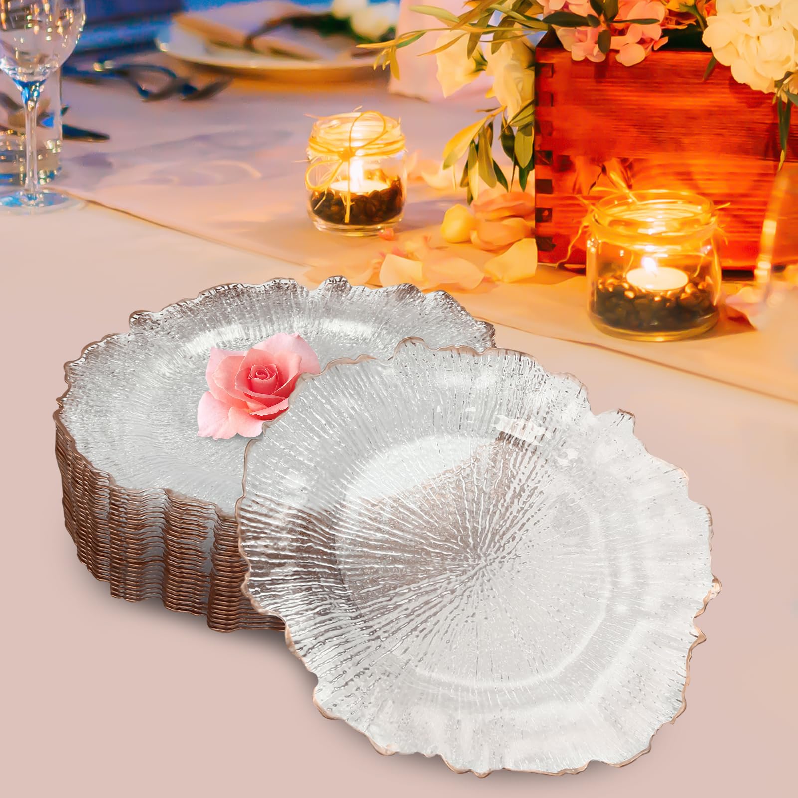 SuiYuLn 50 Pcs Round Chargers Plates,13 In Bulk Plastic Charger Serving Plates for Dinner Wedding Party Event Table Setting Decoration (25, Clear, Rose Gold)