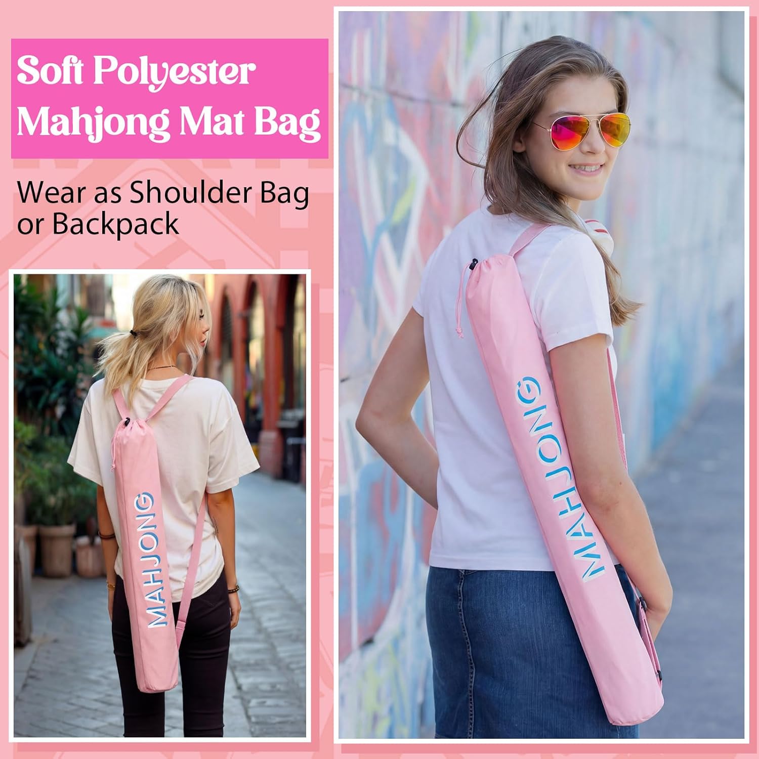 35 Inch Long Mahjong Mat Bag Cute Double Strapped Soft Polyester Drawstring Mahjong Holder Lightweight Waterproof Outdoor Carrying Bag for Board Games Travel Storage Mat Not Included(Pink)