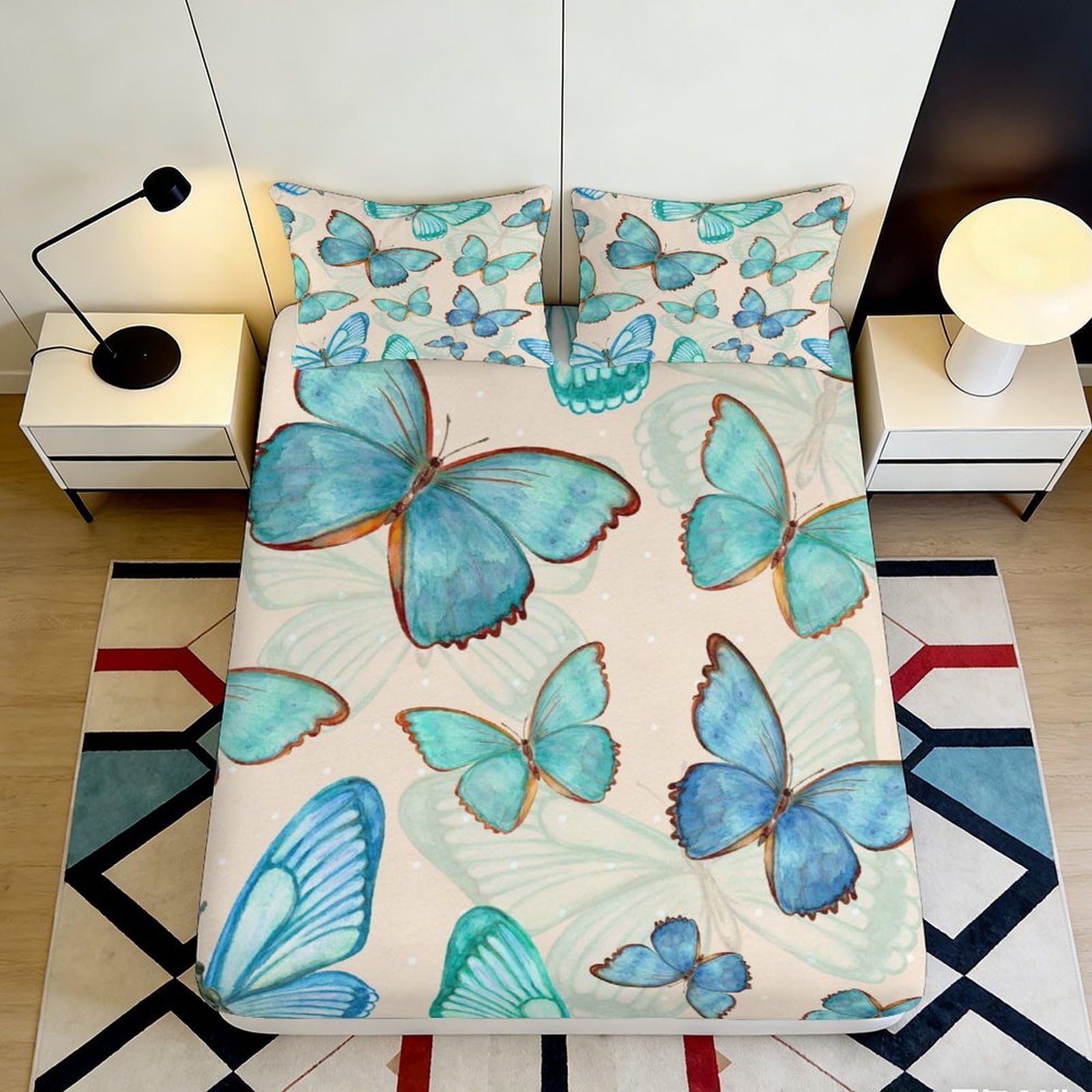 3D Printed Blue Butterfly Fitted Sheet Microfiber Soft Bedroom Mattress Cover for Adult Teen Dorm Room Decor 90x200x25cm